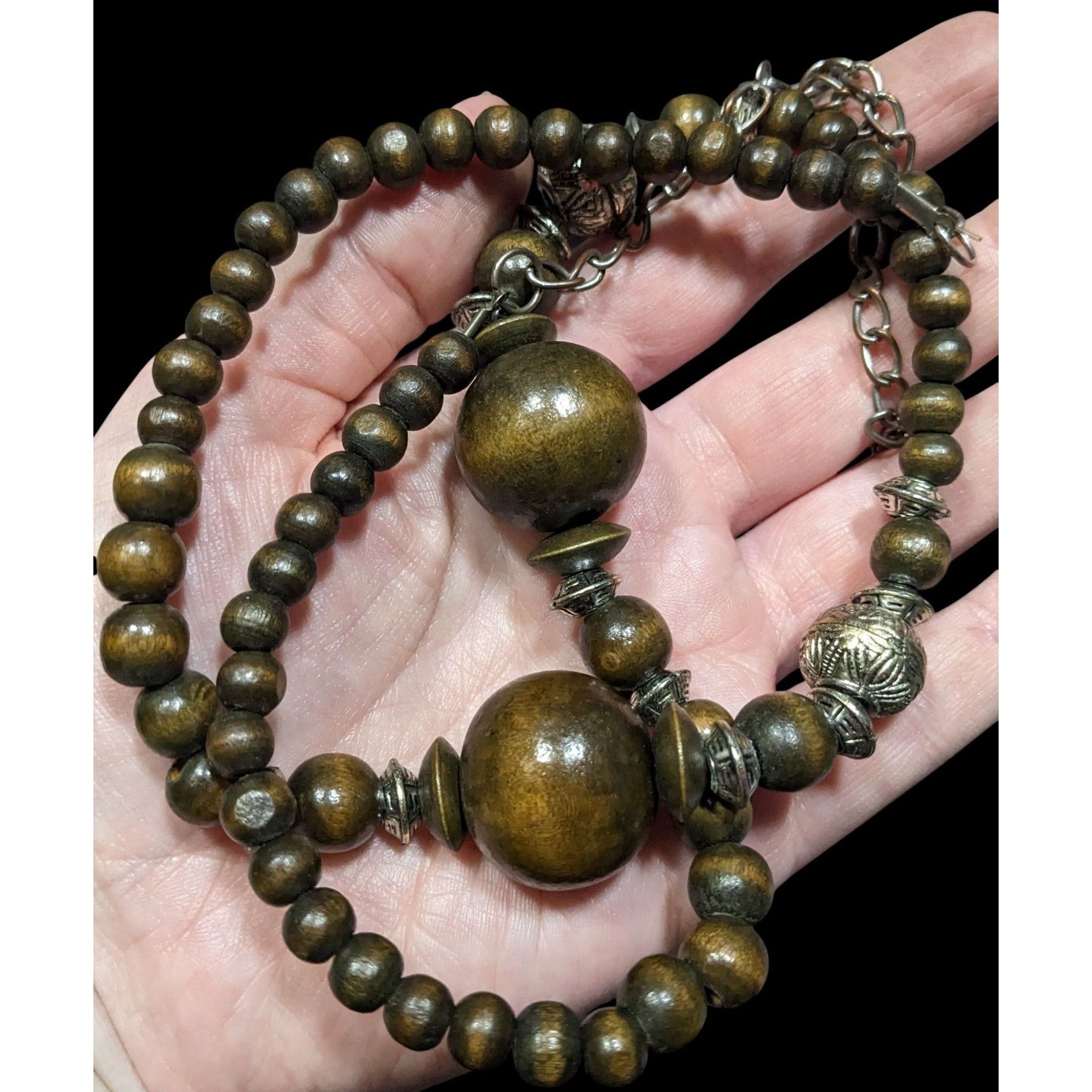 Other Vintage Wooden Beaded Necklace With Silver-Tone Accents & Ad Size ONE SIZE - 5 Thumbnail