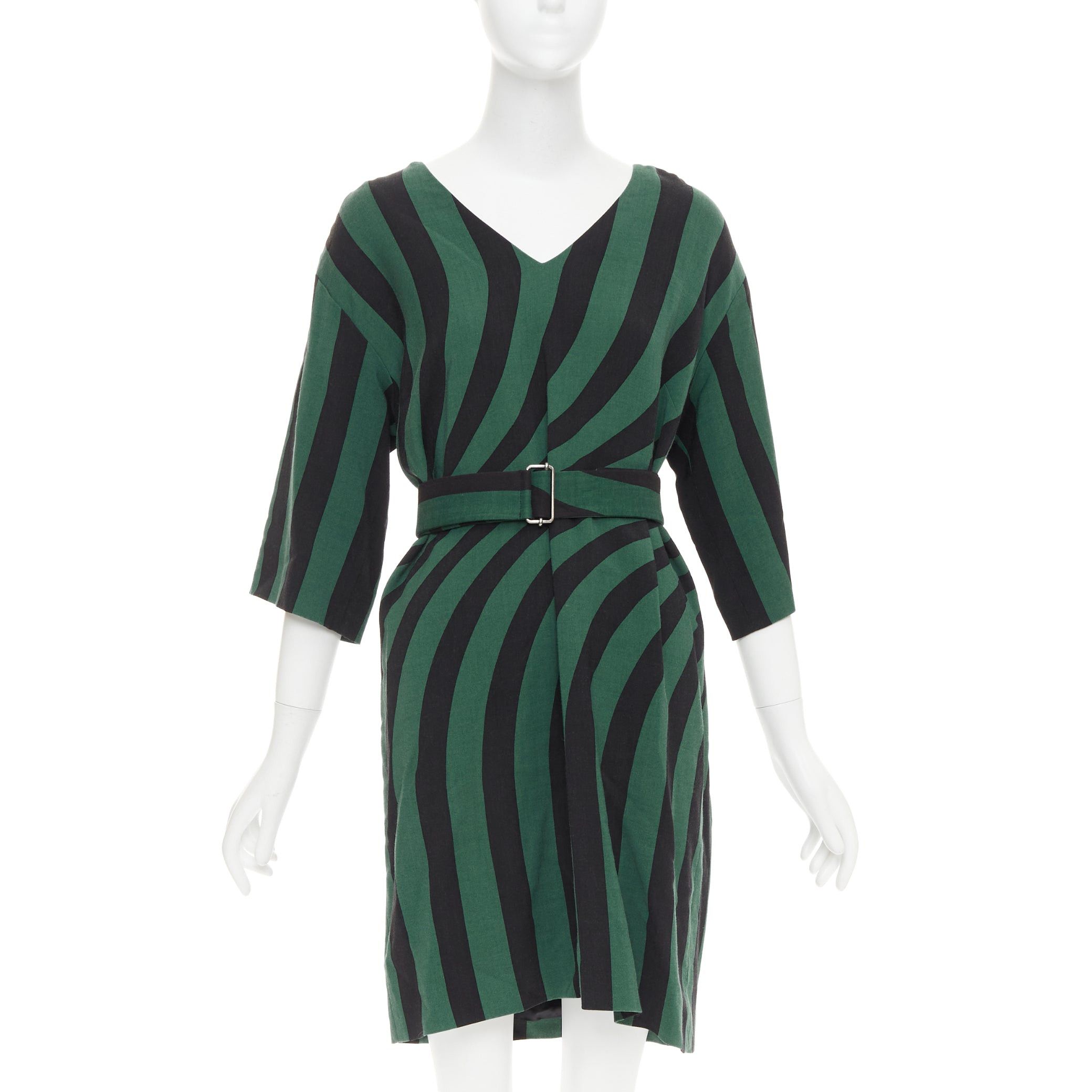 Dries Van Noten DRIES VAN NOTEN 2017 green black swirl stripes graphic belted dress FR42 XL Size L / US 10 / IT 46 - 1 Thumbnail