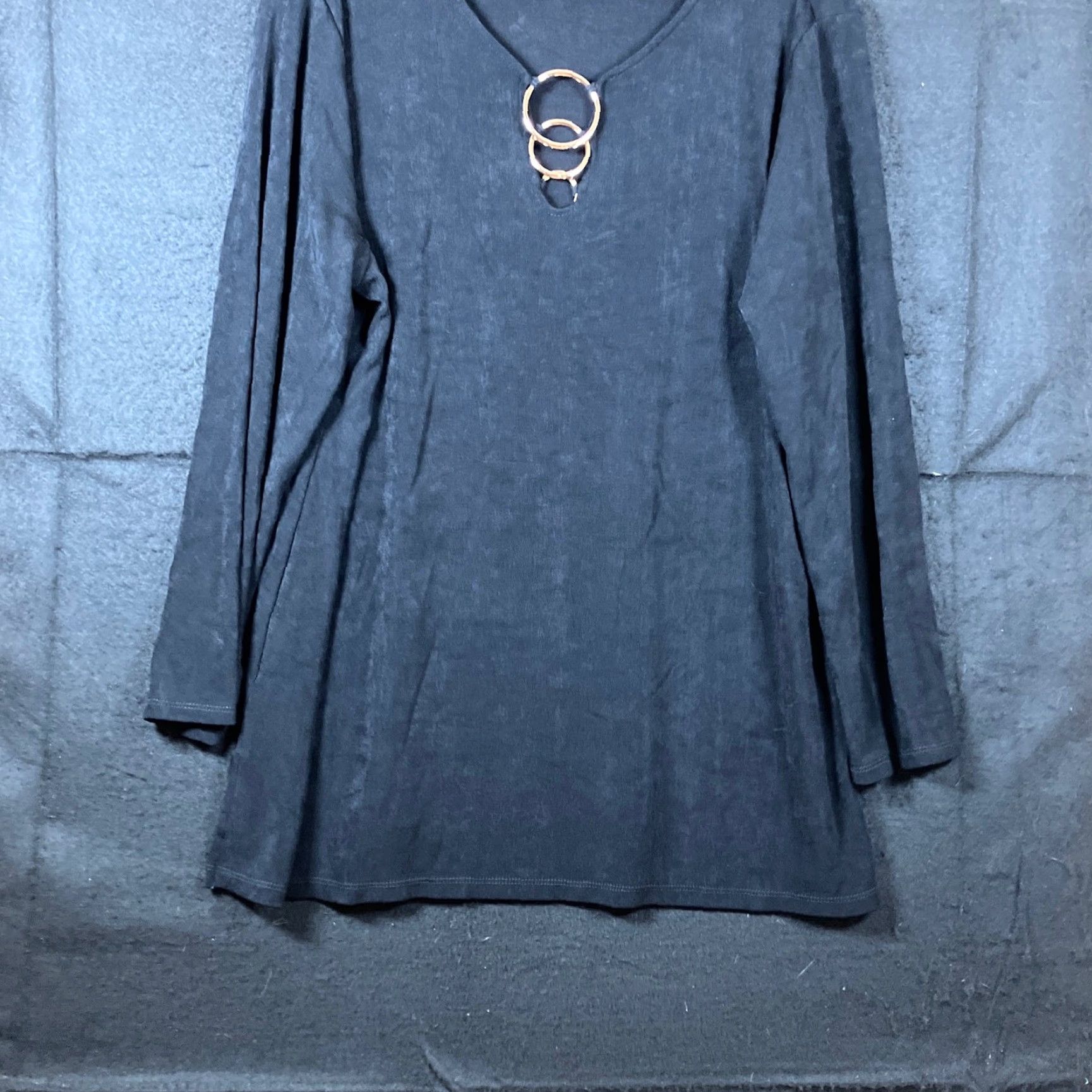 Vintage Chicos Dress Black Gold Accents Long Sleeve Flowly Casual Stretch 3 XL Women's Dress Knee Length Solid Crew Neck Size XL / US 12-14 / IT 48-50 - 3 Thumbnail
