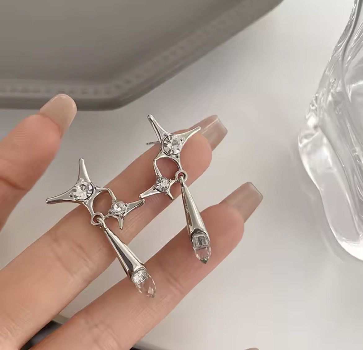 Jewelry Crystal Star Stone Earrings Chrome Spike Jewelry Size ONE SIZE - 3 Thumbnail