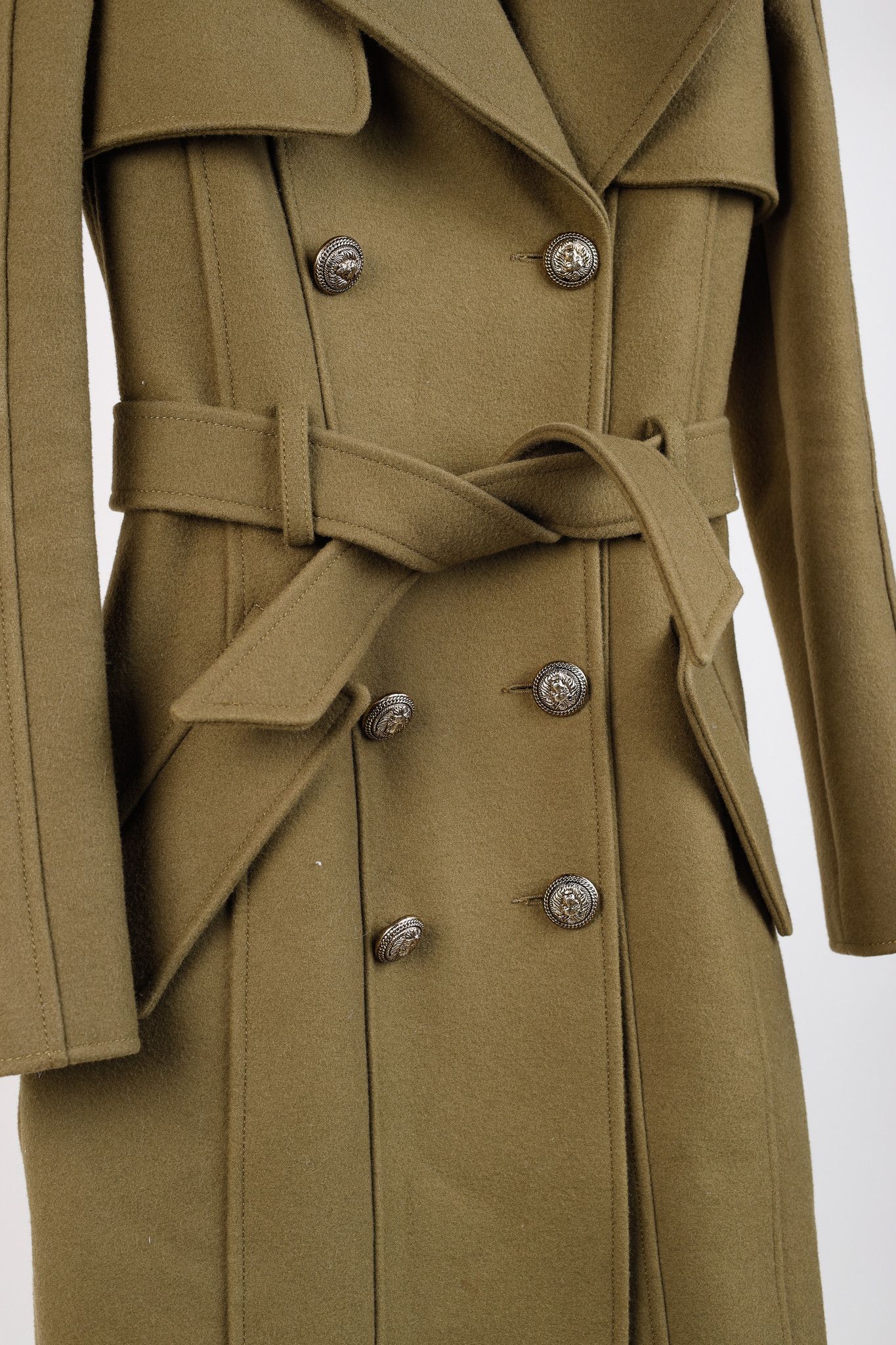 Balmain Balmain PF/14 Green Belted Double-Breasted Wool Trench Coat Size S / US 4 / IT 40 - 8 Thumbnail
