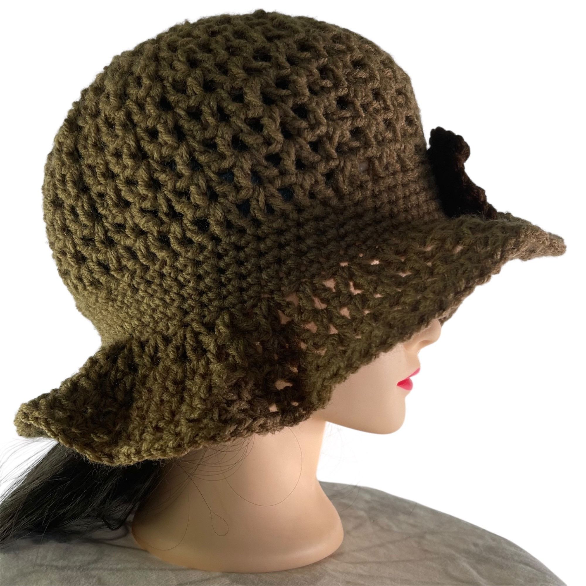 Handmade Crochet Bucket Hat Retro Style Brown and Tan Flower Embellis Size ONE SIZE - 3 Thumbnail