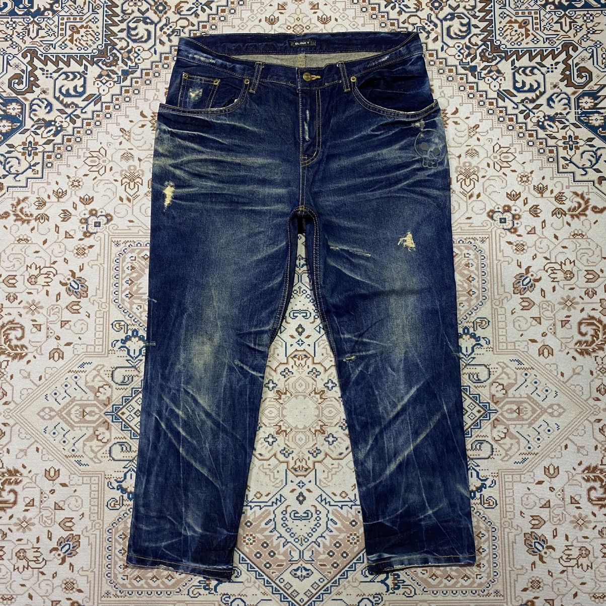 If Six Was Nine × Le Grande Bleu (L.G.B.) 2000s Y2K Slinky Distressed Skull Jeans Size US 30 / EU 46 - 2 Thumbnail