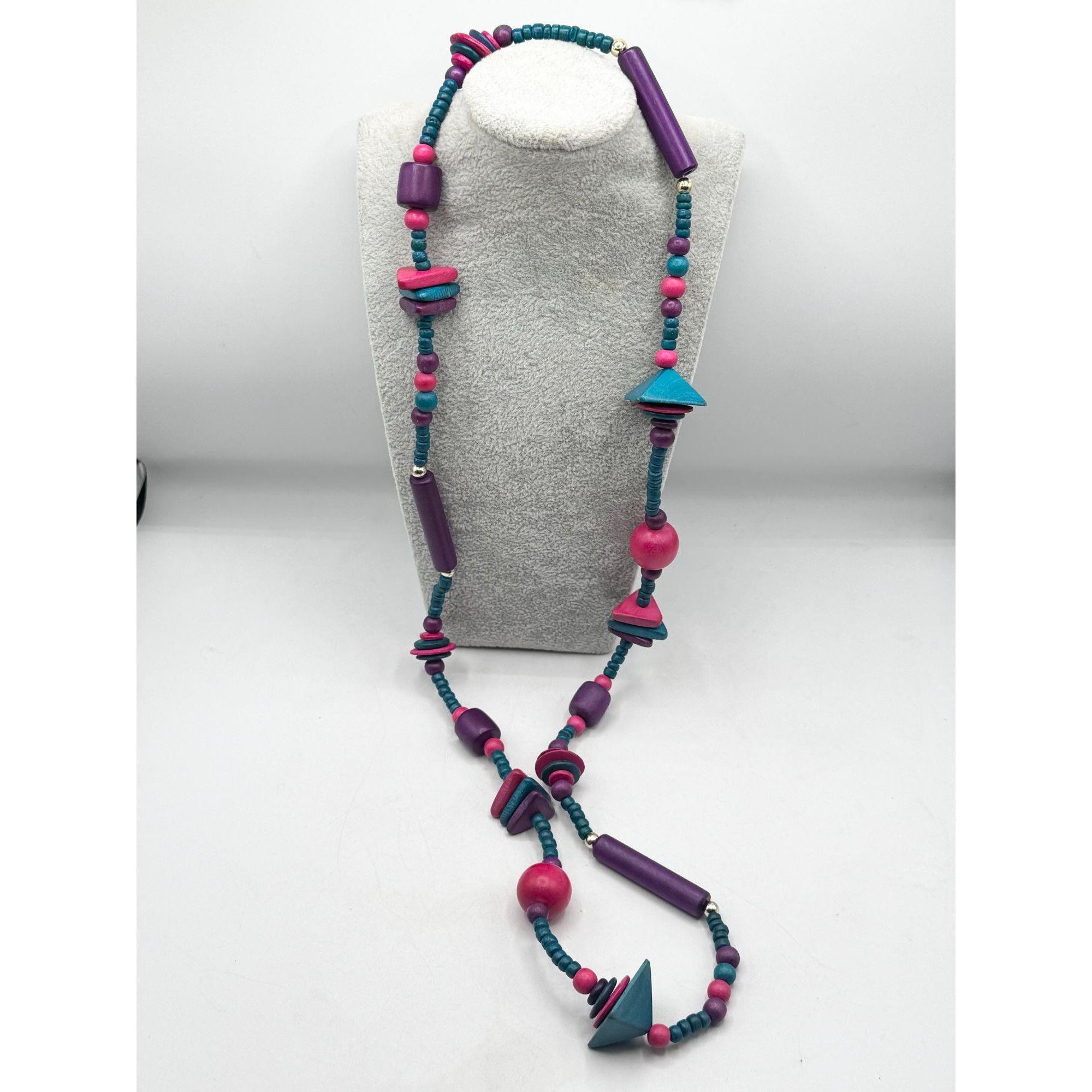Vintage Vintage 80s Wood Wooden Long Geometric Disc Beaded Necklace Size ONE SIZE - 1 Thumbnail