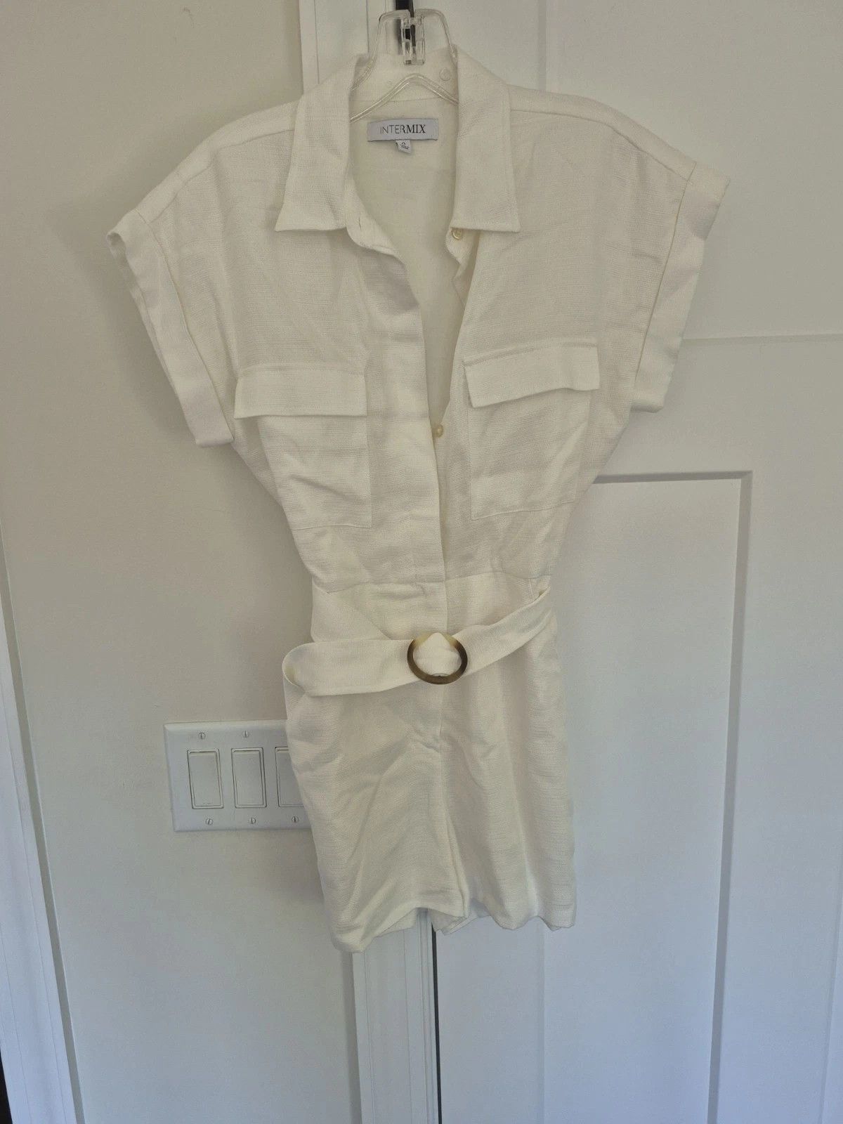 INTERMIX Playsuit Romper Ivory Short Sleeve Collared Button Up Belted Size 25" / US 0 / IT 36 - 2 Thumbnail