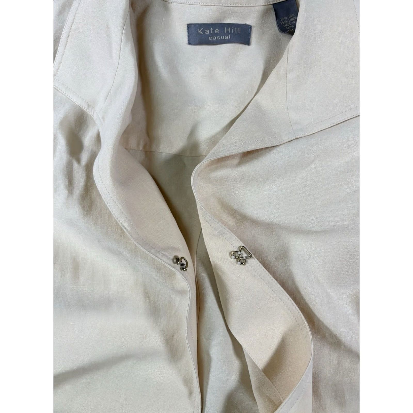 Vintage Kate Hill Silk Linen Top Blouse Long Sleeve Beige M Women Classic Knit Vintage Button Collared Pockets All Seasons Casual Business Size M / US 6-8 / IT 42-44 - 4 Thumbnail