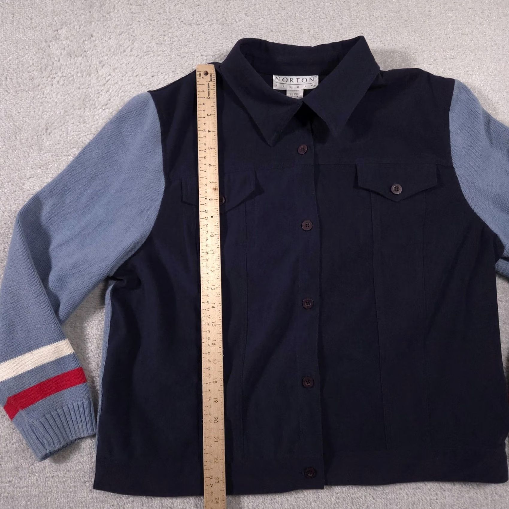 Vintage Norton Studio Jacket Womens XL Navy Blue Knit Sleeves Star Back Button Front Size XL / US 12-14 / IT 48-50 - 7 Thumbnail
