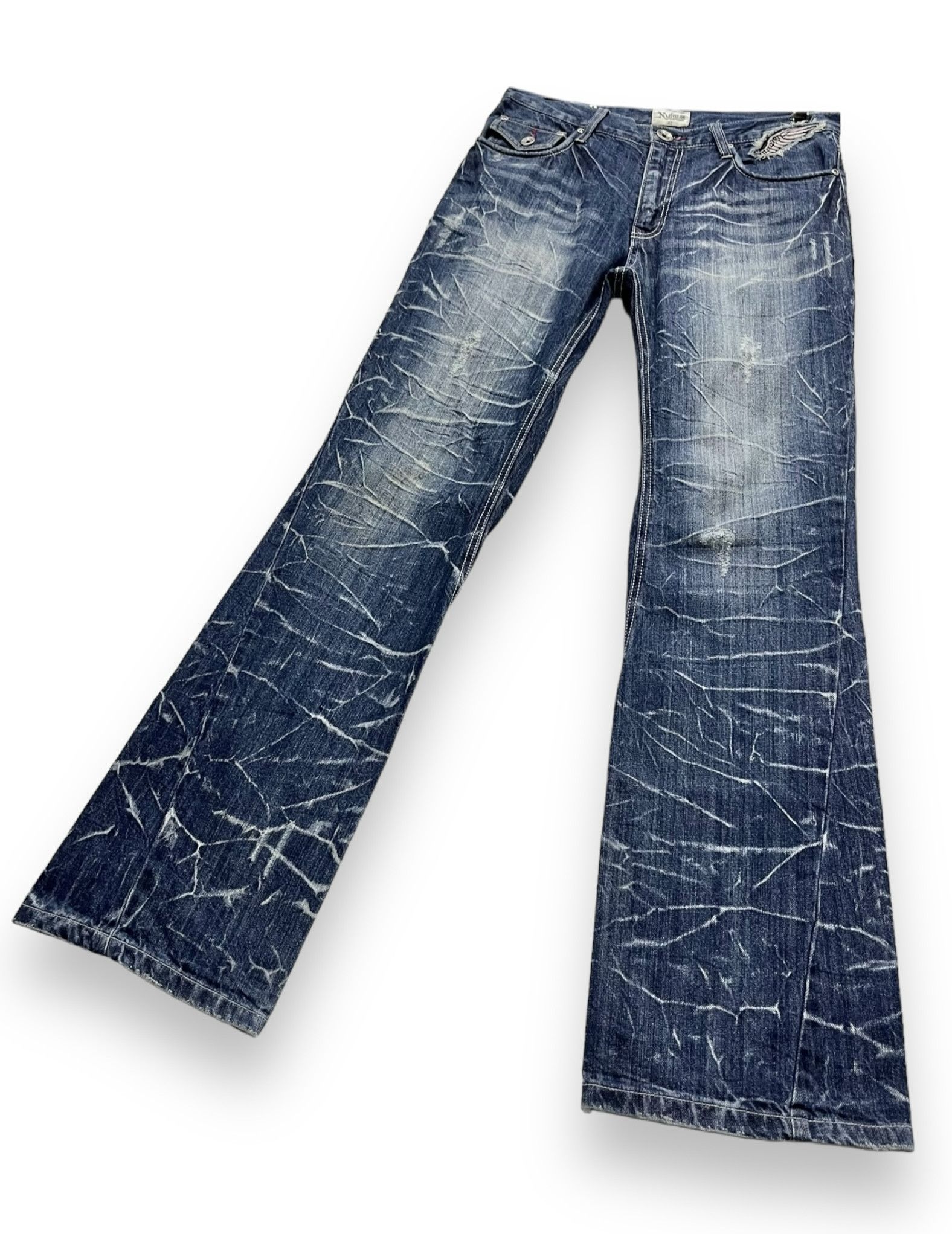 Fashion Victim NYLAUS Long Flap Studded Embroidery Winged Acid Wash Flared Size US 31 - 8 Thumbnail