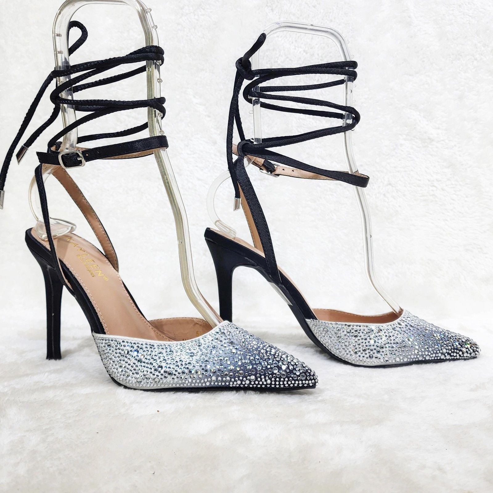 Other Tie Up Strap Black Rhinestone High Heels Stiletto Shoes Size US 8 / IT 38 - 1 Thumbnail