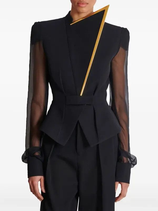 Balmain o1s1wg111025 Asymmetric Collar Jacket in Black Size L / US 10 / IT 46 - 4 Thumbnail