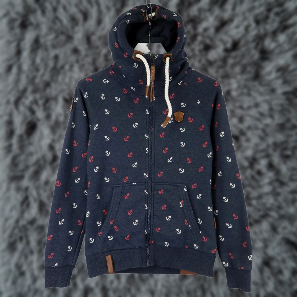 Vintage Naketano Sweatshirt Women's SMALL Navy Blue Patterned Logo Pocket Hooded Size S / US 4 / IT 40 - 1 Thumbnail