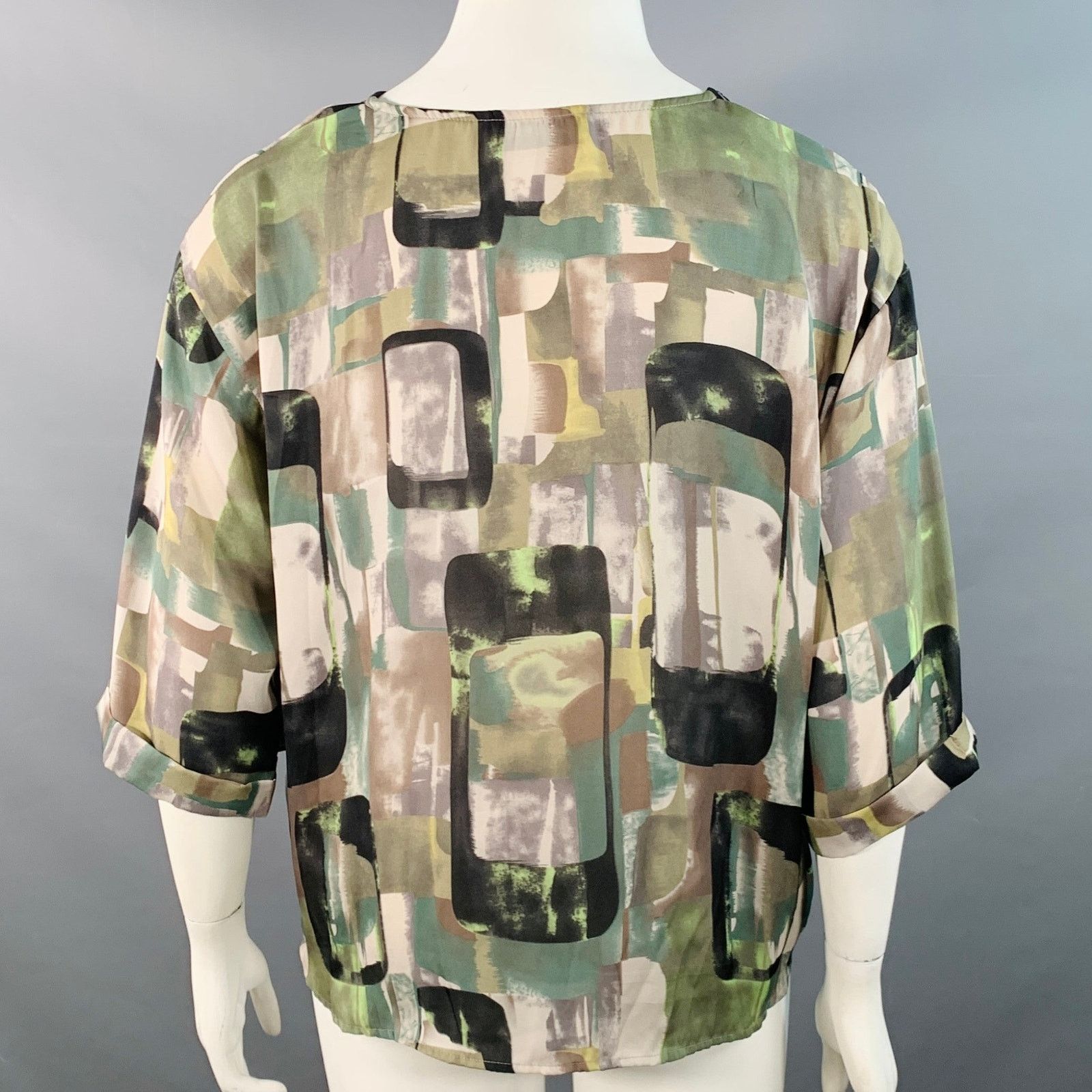Emilio Pucci L Green Black Silk Graphic Sequined Cuffed Blouse Size L / US 10 / IT 46 - 3 Thumbnail