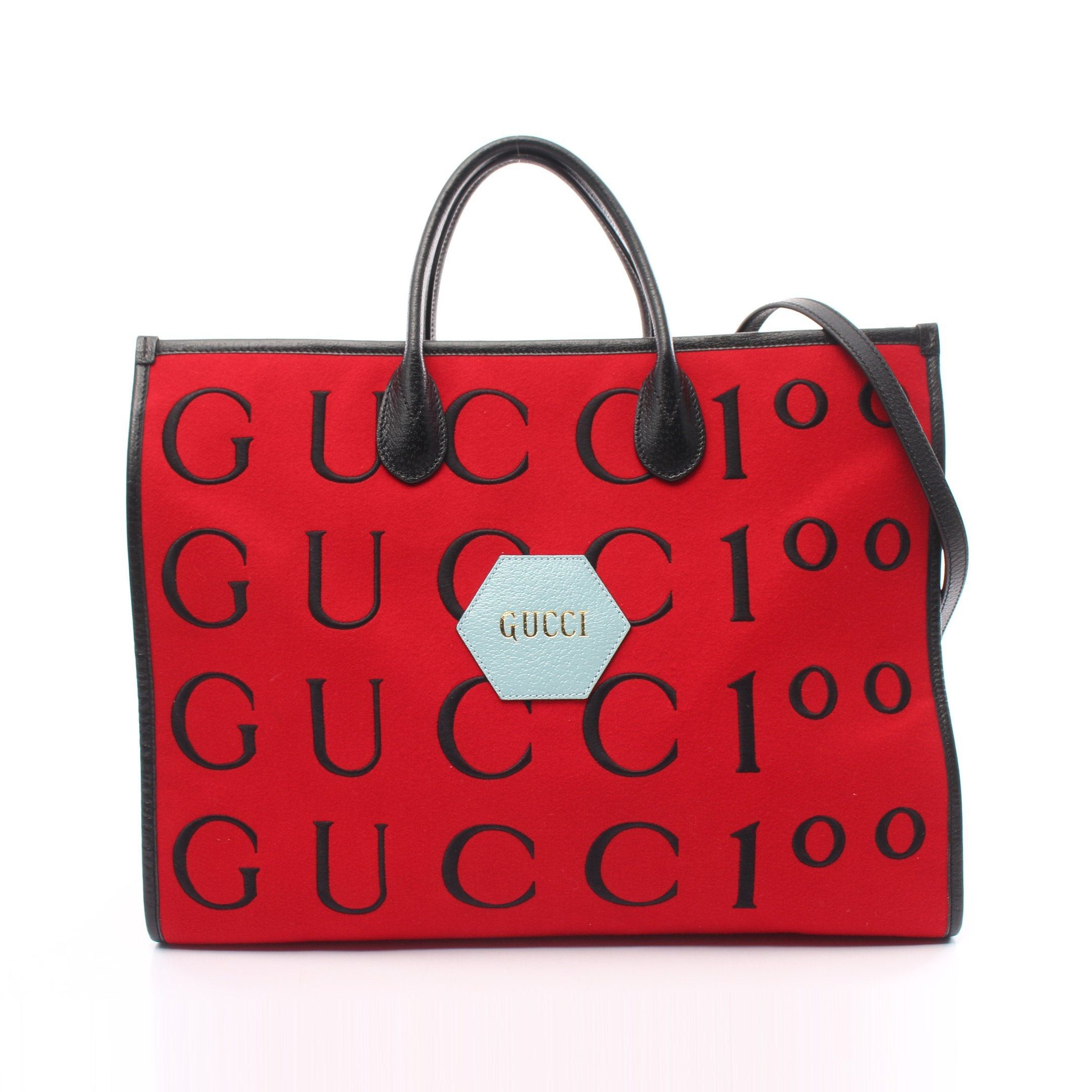 image of Gucci Large Handbag Tote Bag Wool Leather Red Black 2Way 100Th Anniversary Limited Edition, Women's