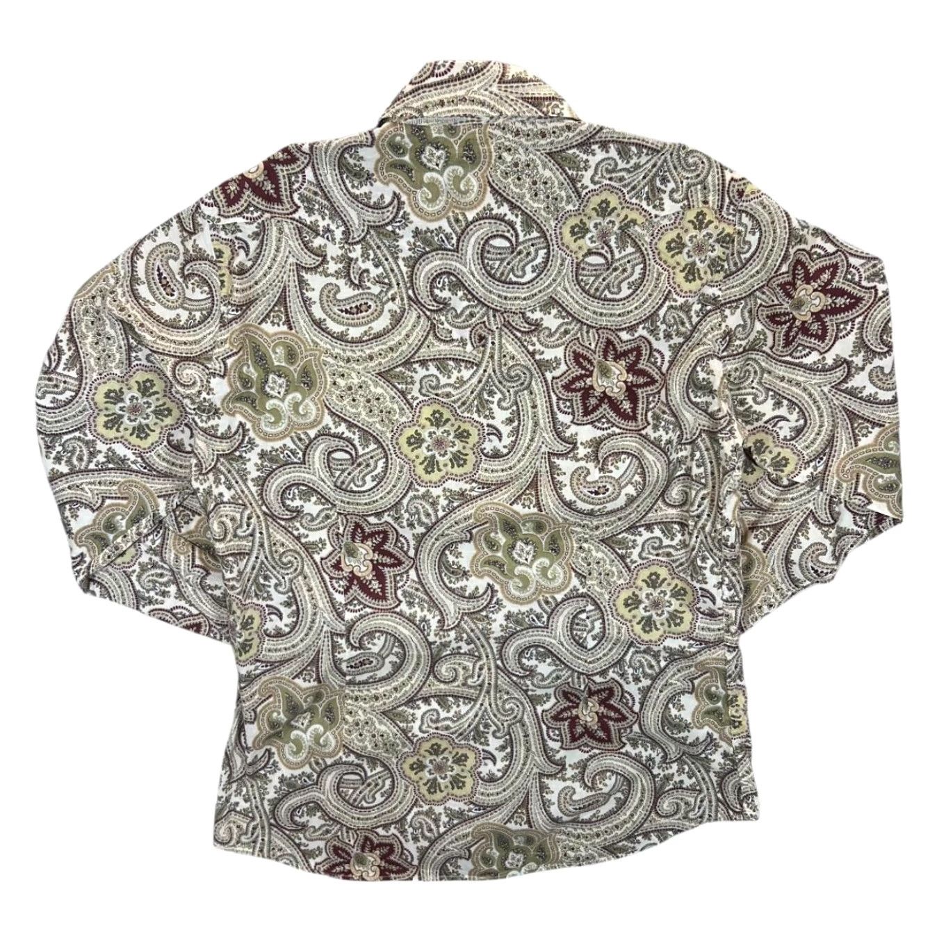 Vintage Two Flowers Paisley Patterned Western Style Popper Long Sleeve Shirt M Mens CREAM Beige/White/Burgundy 100% cotton Western 90s Size US M / EU 48-50 / 2 - 3 Thumbnail