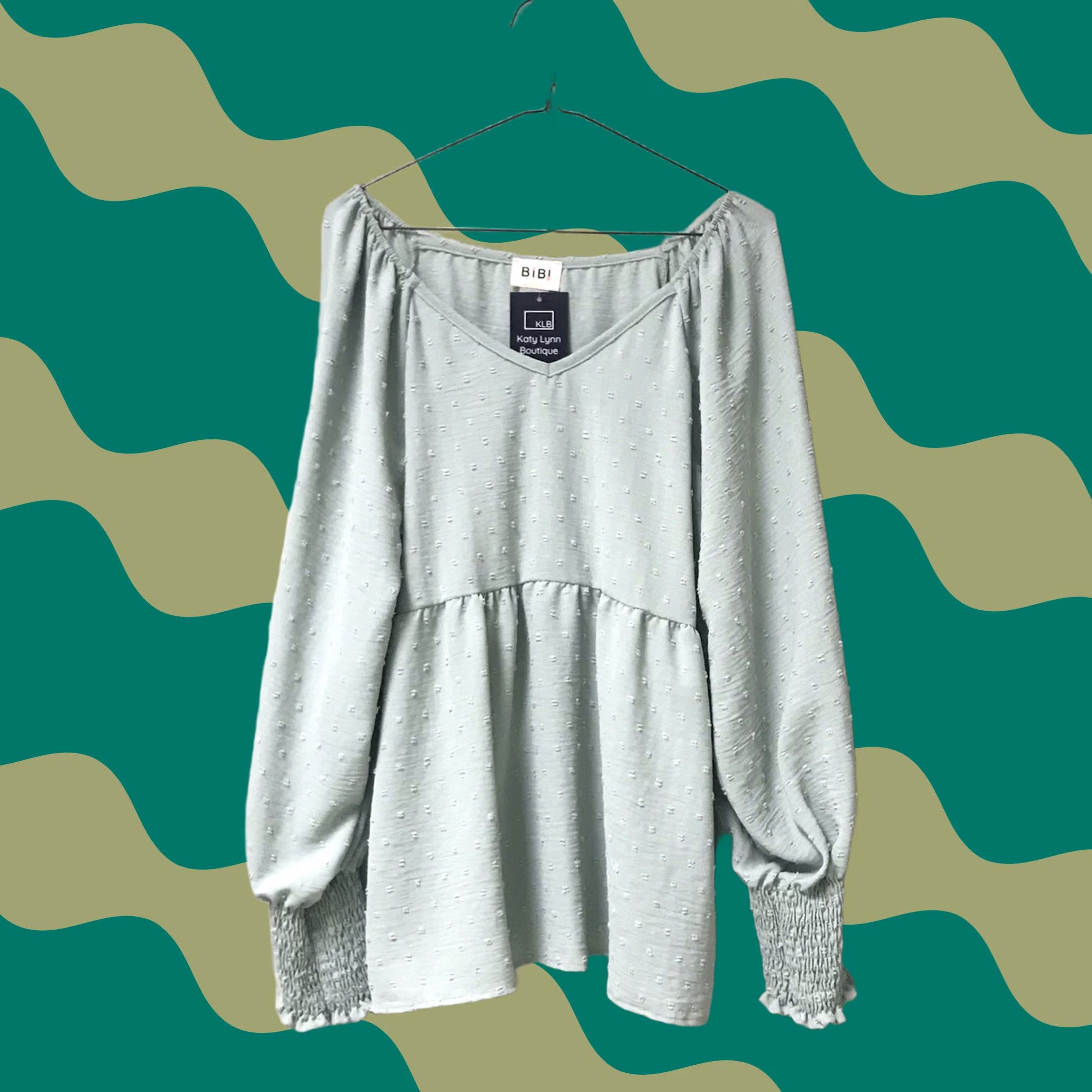 Vintage BiBi Women Light Sage Airflow Dot V-Neck Tiered Puff Long Sleeve Top Blouse M Size M / US 6-8 / IT 42-44 - 1 Thumbnail