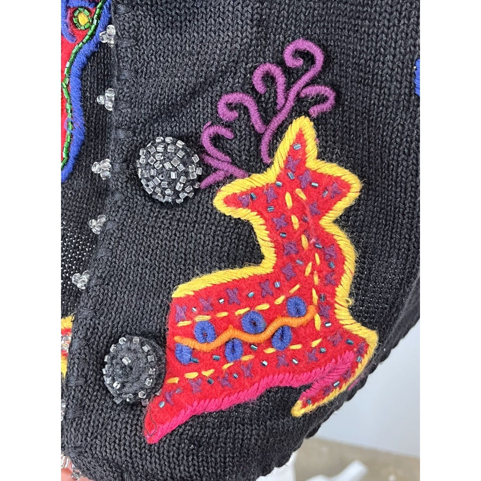 Simons VINTAGE Michael Simon Christmas Reindeer Cardigan Sweater Sz 1 Womens Black Knit Beaded Size XS / US 0-2 / IT 36-38 - 6 Thumbnail