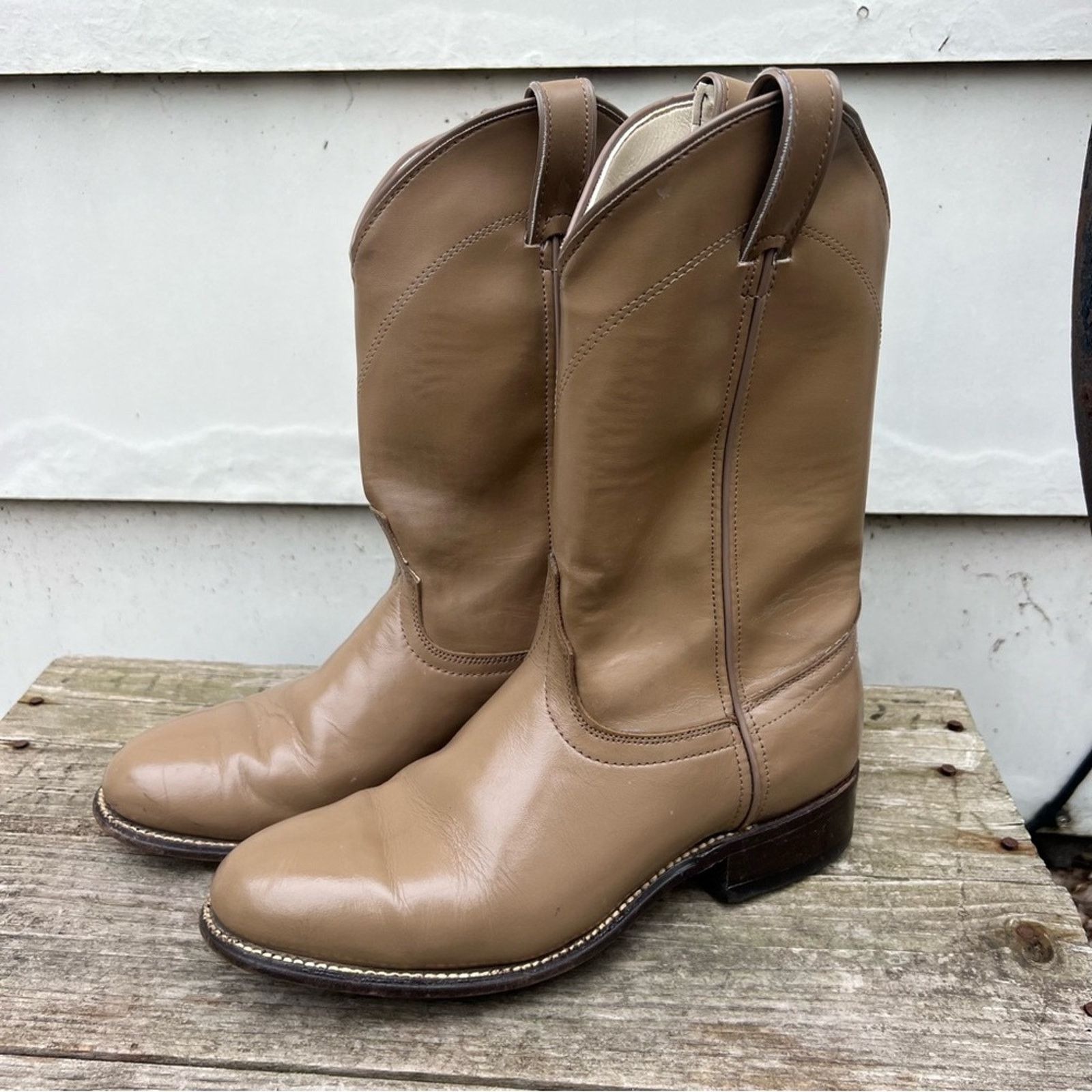 image of Vintage Vint 90's Laredo Nude Tan Roper Pull On Cowgirl Western Boots, Women's (Size 8.5)