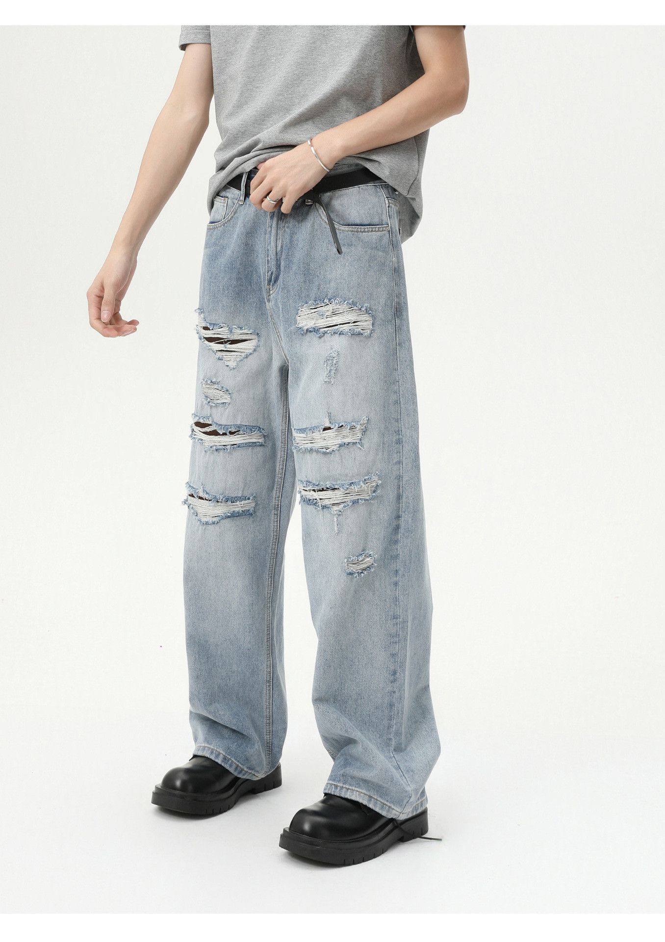 Vintage Men's distressed casual trendy straight washed ripped jeans Size US 32 / EU 48 - 3 Thumbnail