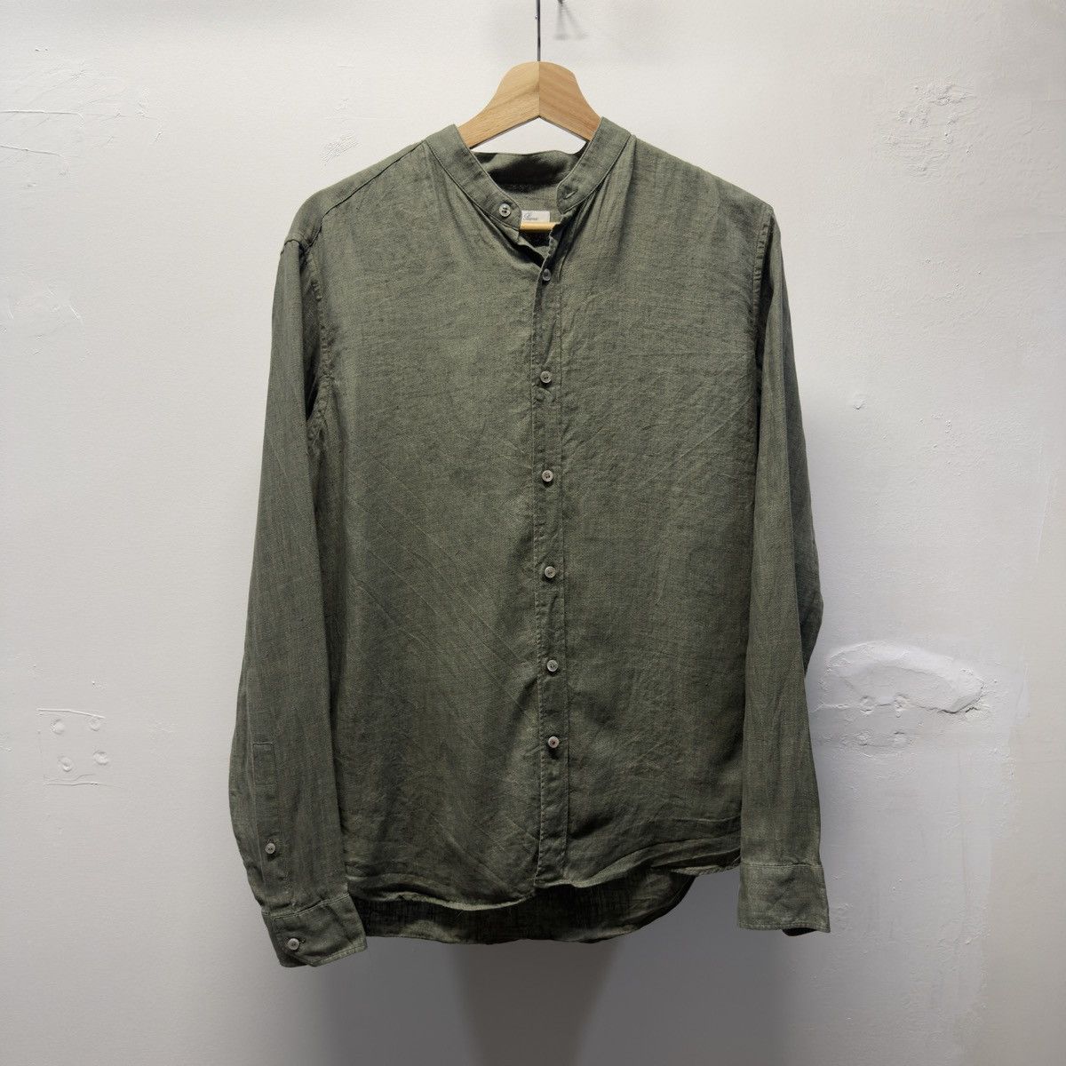 Loro Piana Dusty Olive Linen Band Collar Elia Shirt