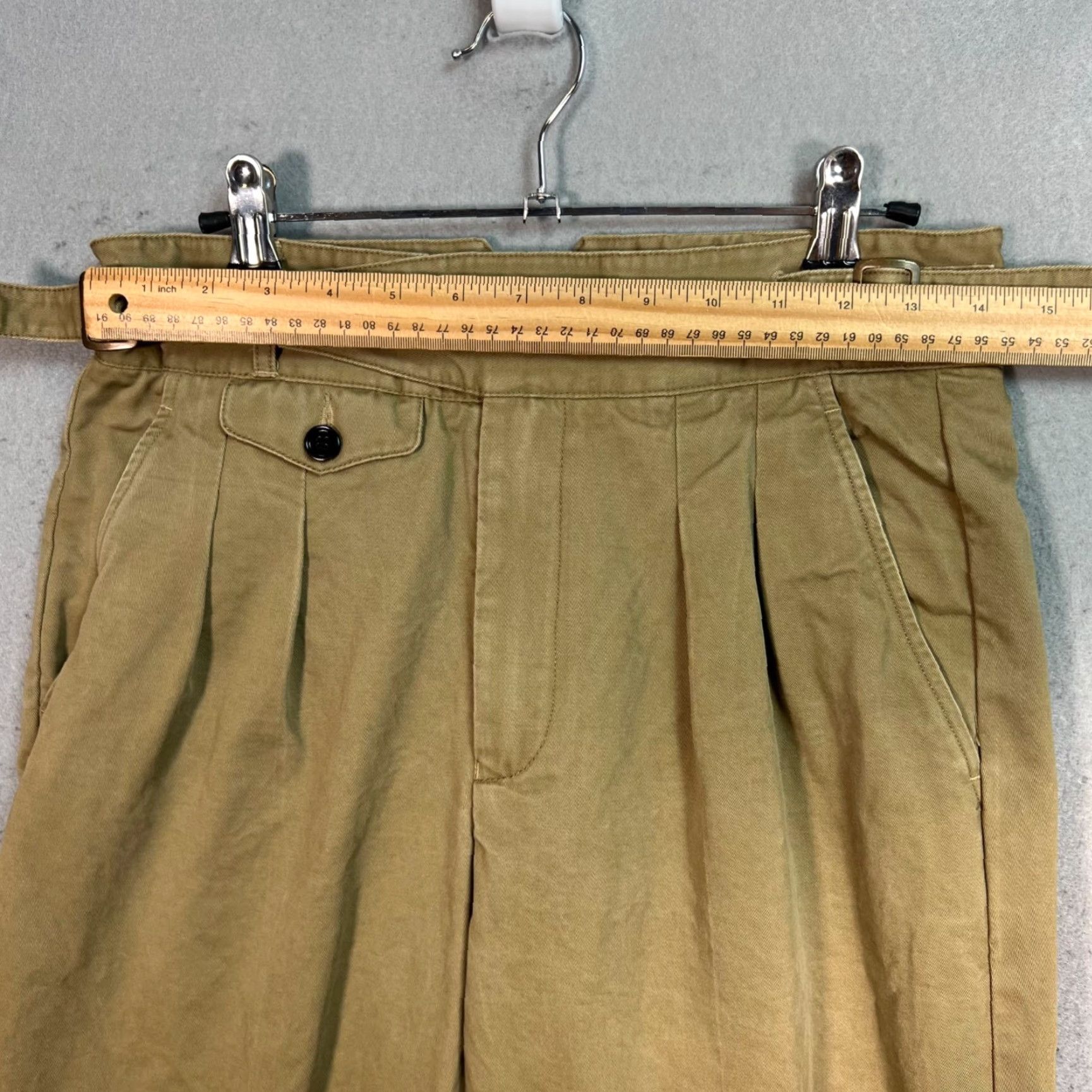 Vintage Cattaun Mens Pleated High-Waist Khaki Trousers Size 28 Beige Cotton Spandex Dress Pants Tapered Inseam 24 in Adjustable Waist Straps Mens Size US 28 / EU 44 - 5 Thumbnail
