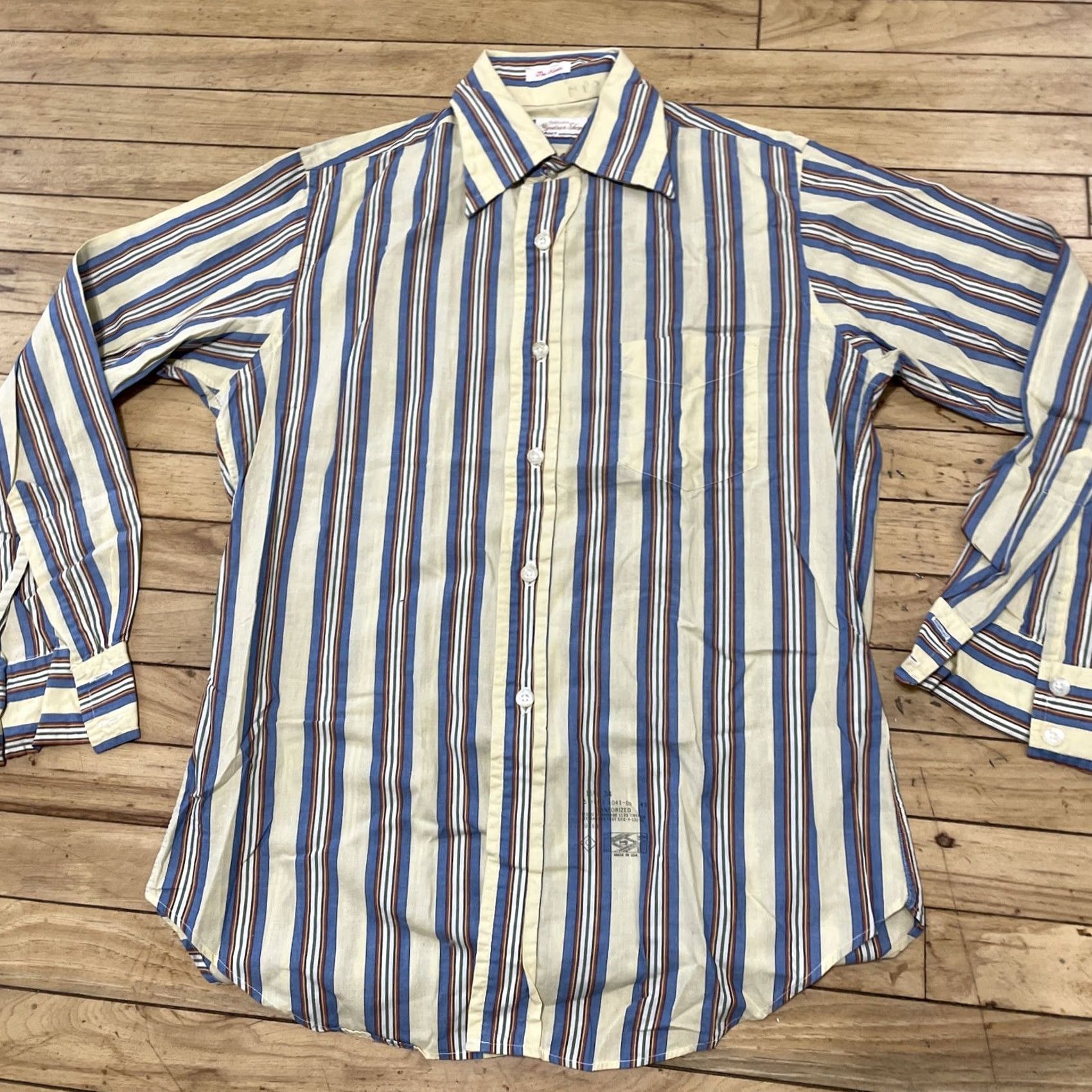 Gant VINTAGE GANT Shirt Regular 15.5 34 Blue Yellow Cream Green Striped Button-Up Western Cowboy 70s 90s Bohemian Grandpa Point Collar USA Mens Size US L / EU 52-54 / 3 - 3 Thumbnail