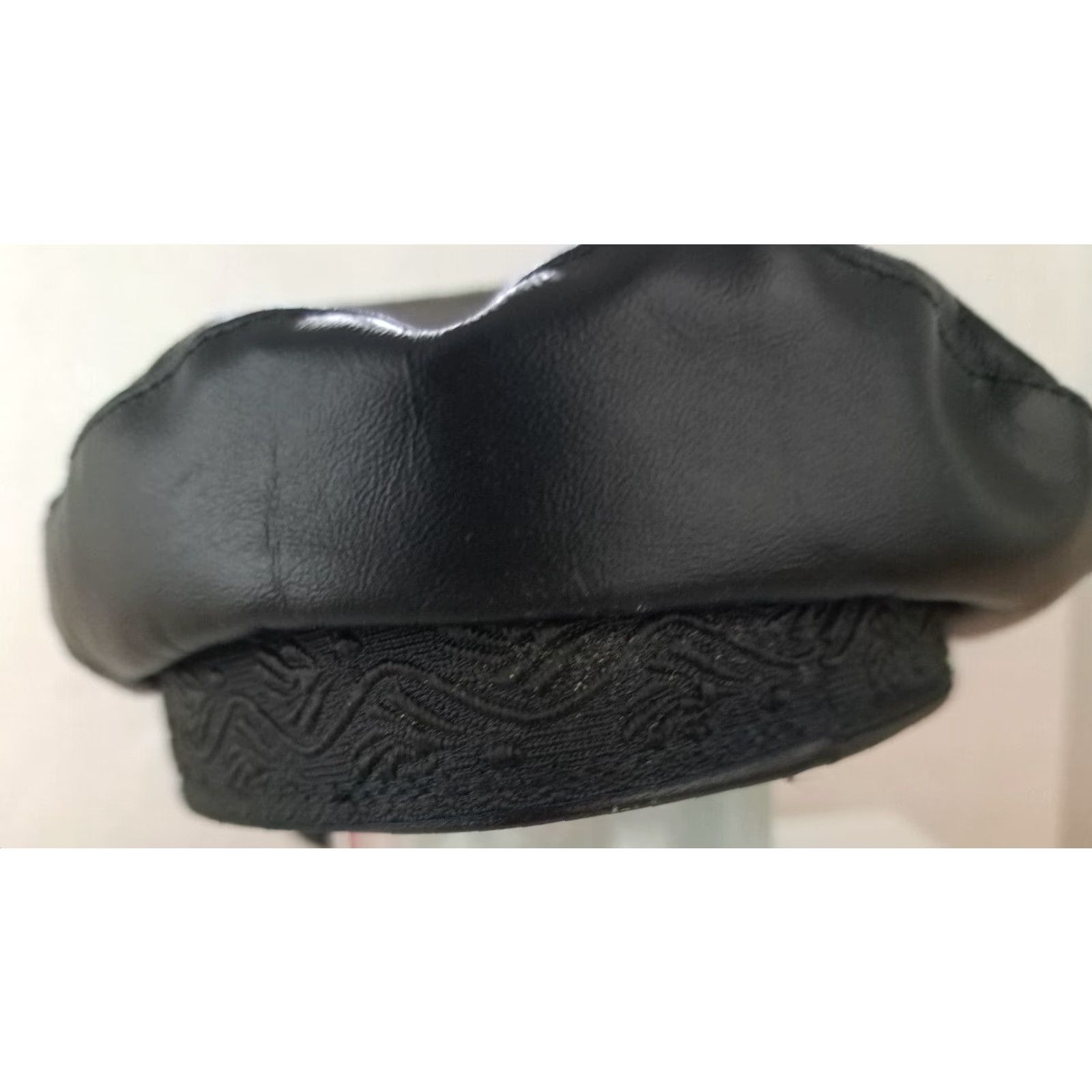 Vintage VINTAGE Genuone Leather Hat Ladies Leather with Trim Motorcycle USA Made Large Black Unisex Adults L Leather Motorcycle Historical 90s Mens Women Size ONE SIZE - 3 Thumbnail