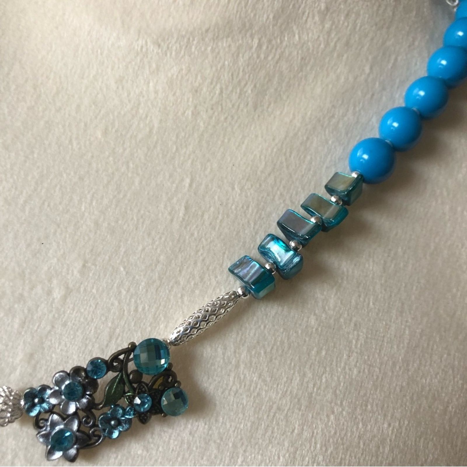 Handmade Handcrafted lady in blue mixed bead filigree cameo necklac Size ONE SIZE - 10 Thumbnail
