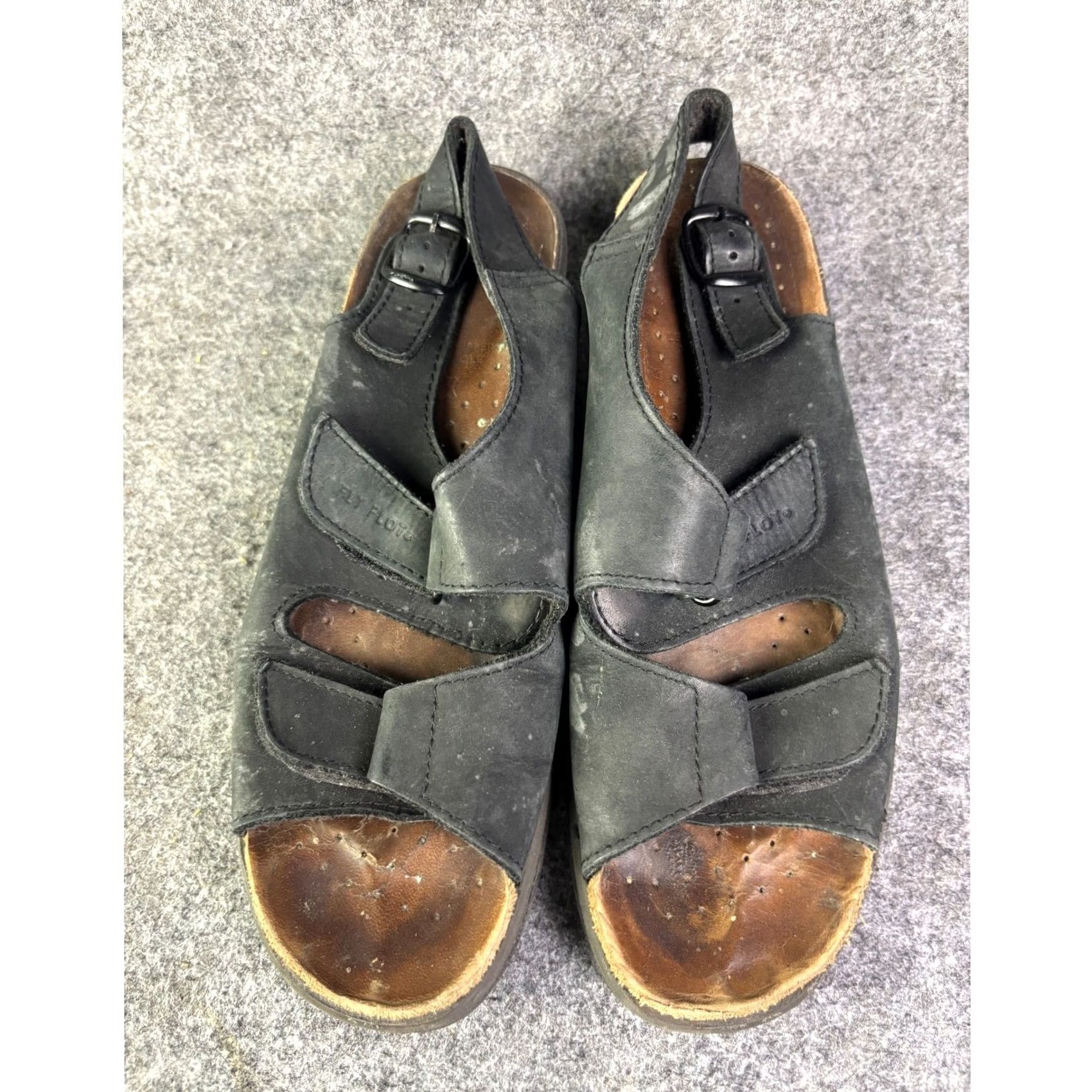 Vintage Fly Flot Sandals Womens 40 Black Leather Slingback Wedge Italy Size US 10 / IT 40 - 3 Thumbnail