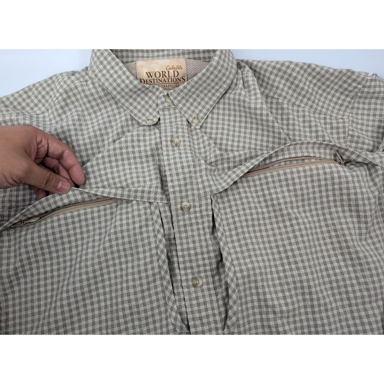 Vintage Cabela's Shirt Adult XL Tall Plaid Fishing Hunting Vented Lightweight Nylon Nylon/Polyester Beige Button-Down Collar All Seasons Regular Men XLT Size US XL / EU 56 / 4 - 3 Thumbnail