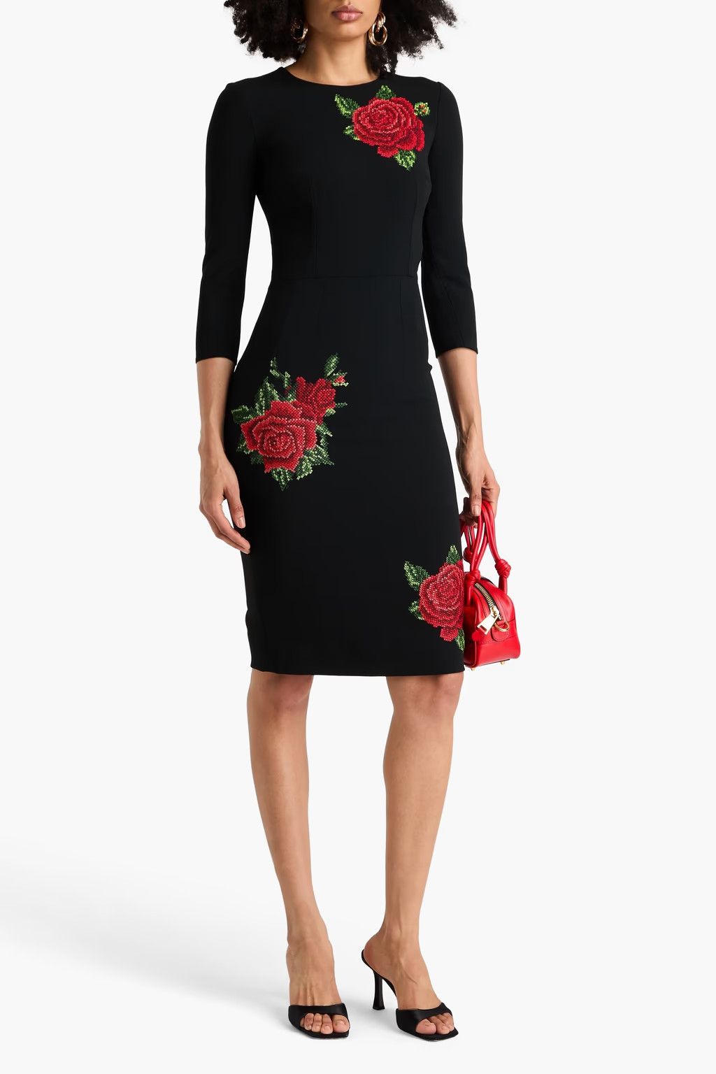 o1y0825 Floral Design Midi Dress in Black