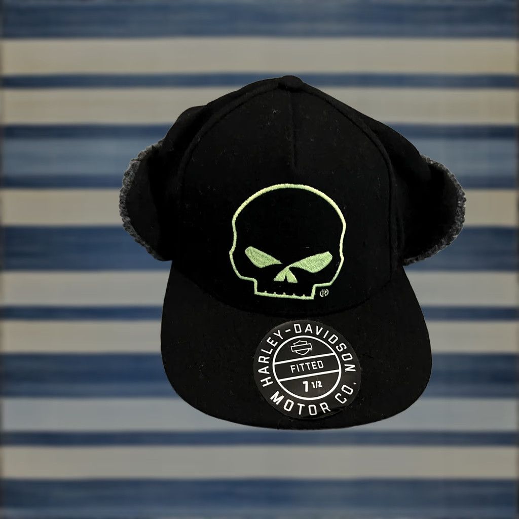 Harley Davidson Harley-Davidson Hat Cap Ear Flap Fitted 7 1/2 XL Black Brand New Men Wool Polyester Skull Willie G Cap Style Size ONE SIZE - 1 Thumbnail