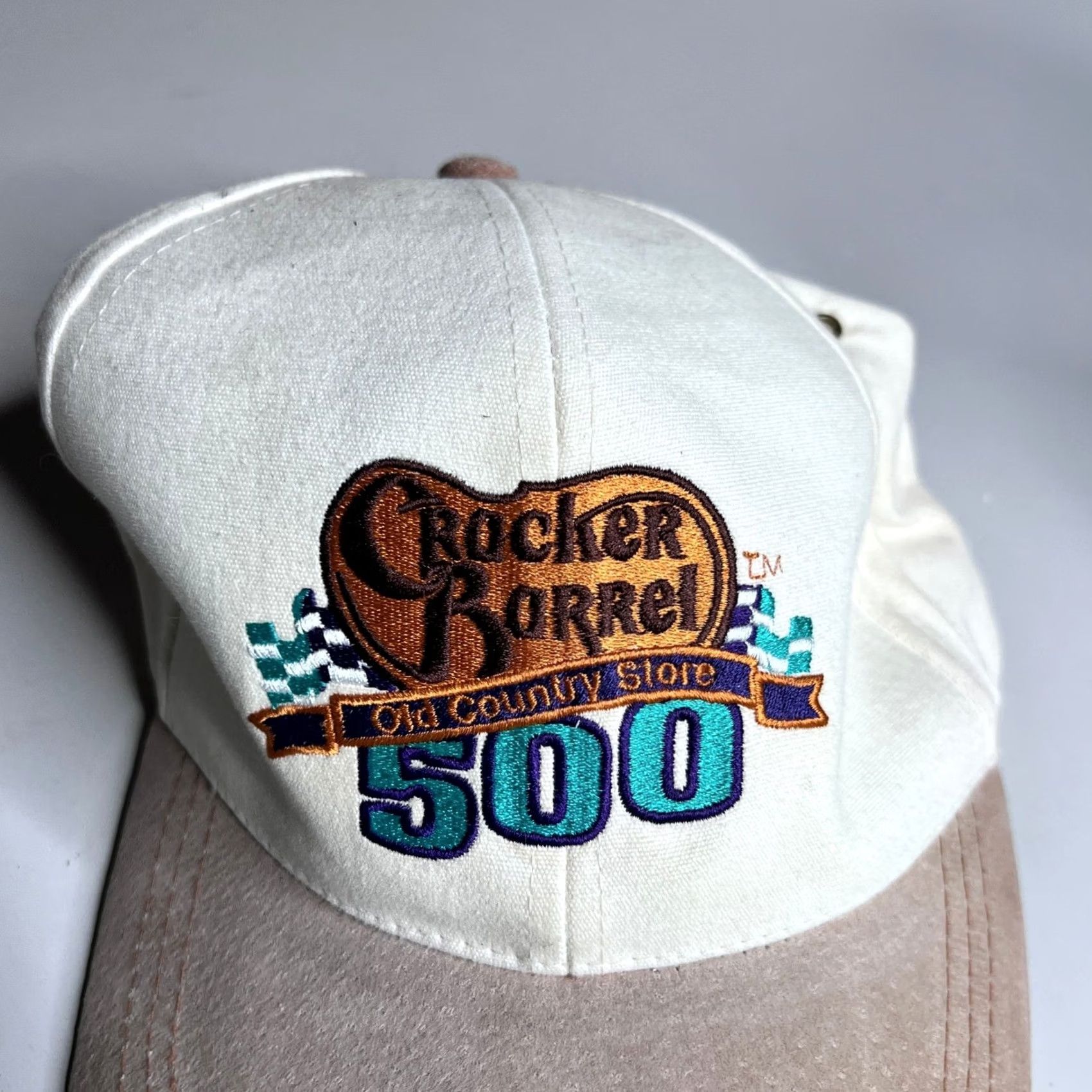 NASCAR VINTAGE Cracker Barrel 500 NASCAR Hat Cream Tan Suede Brim Leather Strap Cap Men One Size Ivory Canvas Adjustable Bre breathable 90s? Size ONE SIZE - 7 Thumbnail