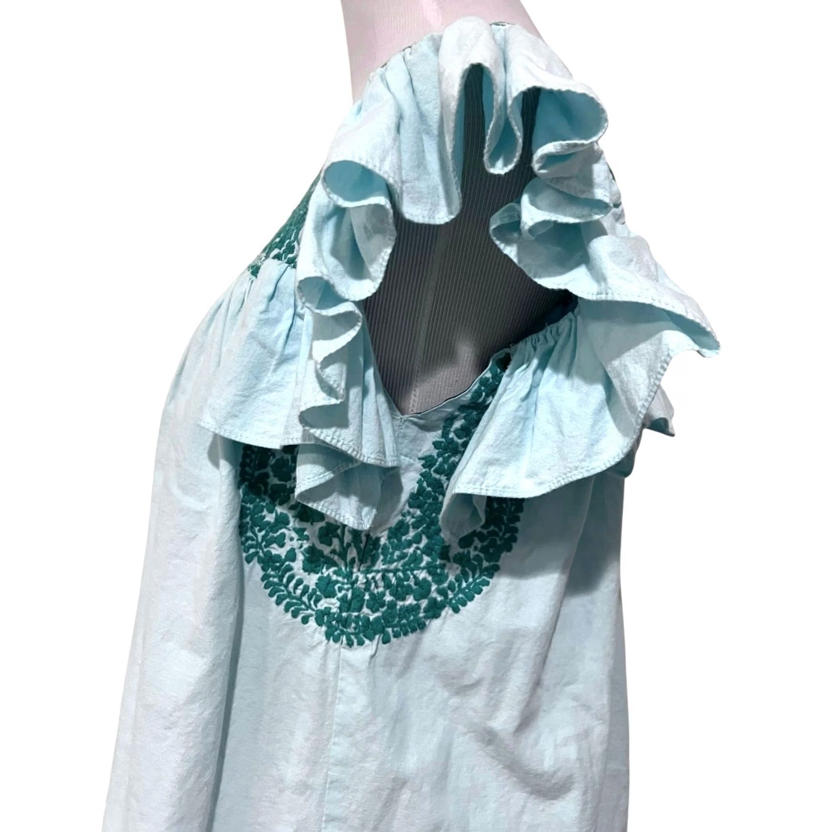 Vintage Mi Golondrina Soledad Embroidered Top Womens M Blue/Green Cotton Ruffle Sleeves Size M / US 6-8 / IT 42-44 - 5 Thumbnail