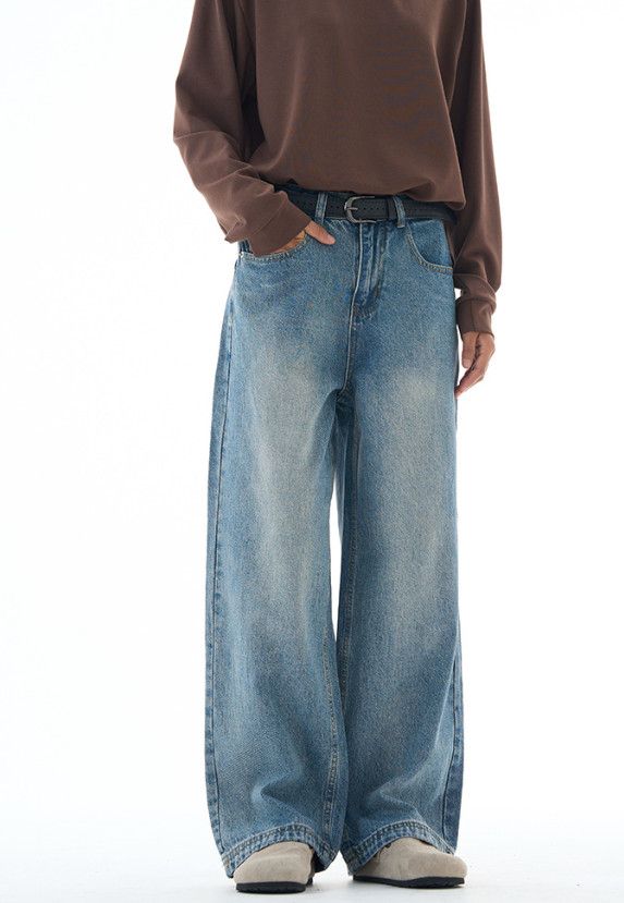 Japanese Brand Men's washed retro loose wide-leg whiskered straight jeans Size US 32 / EU 48 - 3 Thumbnail