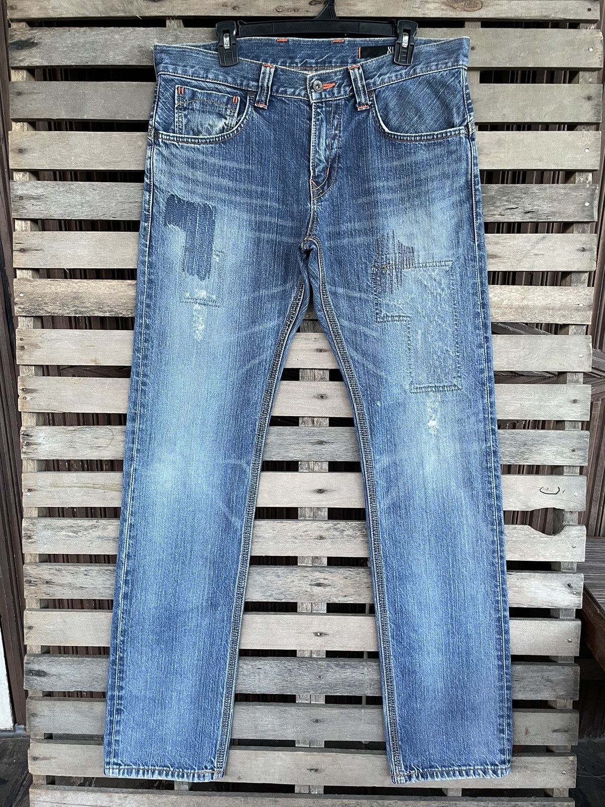 image of Archival Clothing x Distressed Denim Edwin Patchwork Zigzag Jeans in Blue, Men's (Size 35)