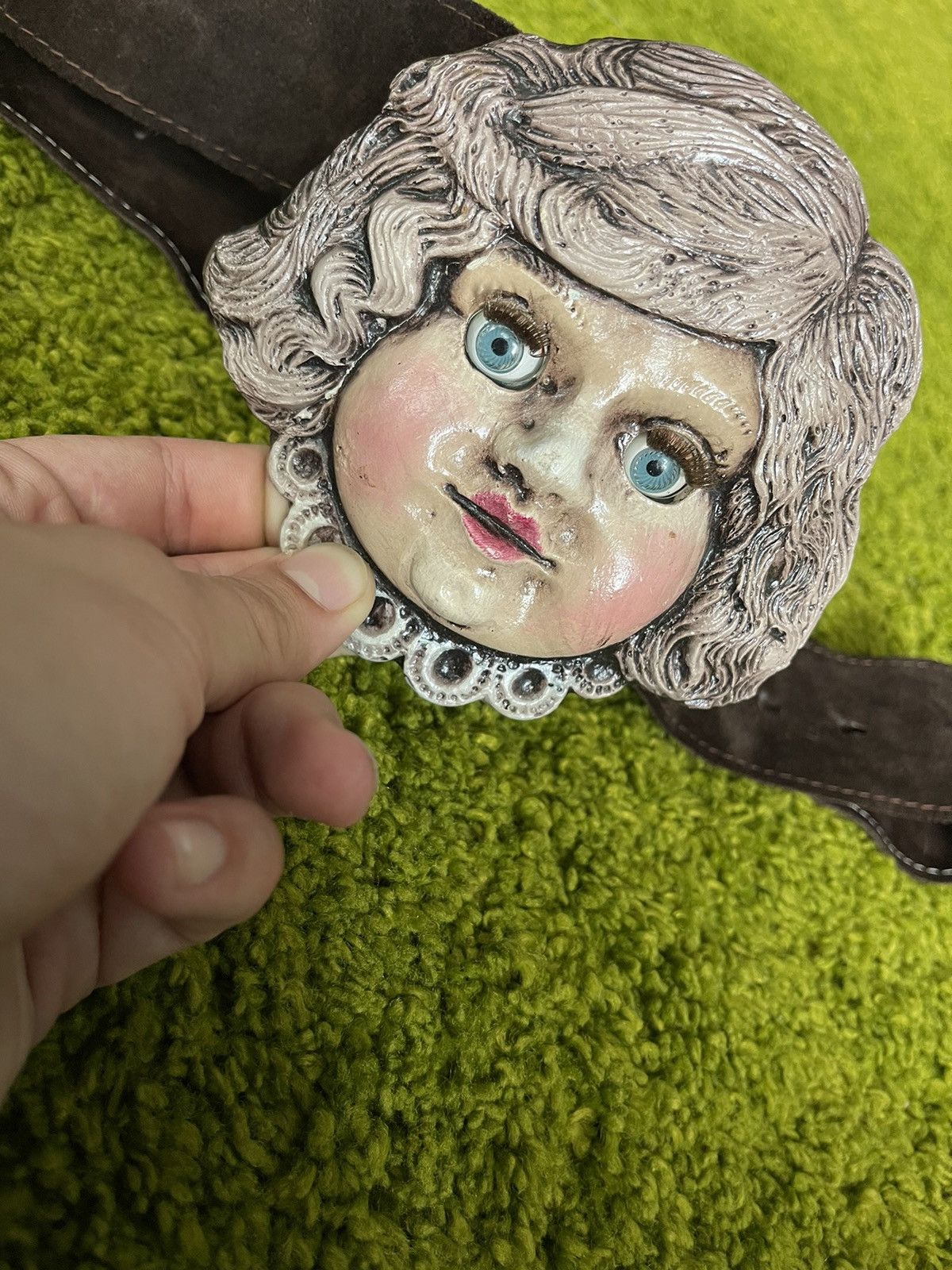 Designer Scary doll head buckle handmade leather belt Y2K Size ONE SIZE - 3 Thumbnail