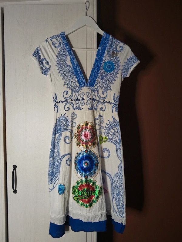 Desigual Desigual white blue summer cotton dress Size S / US 4 / IT 40 - 1 Thumbnail
