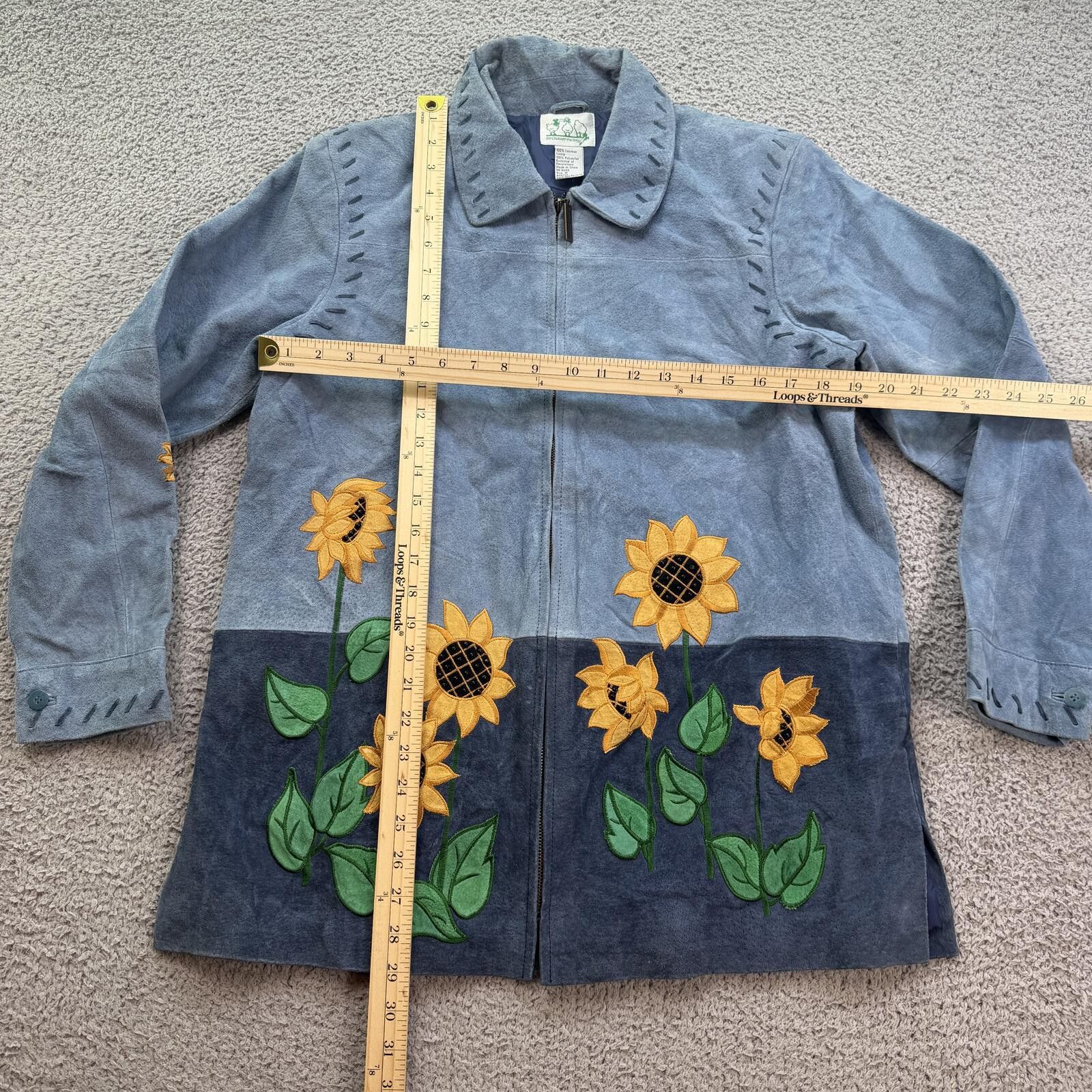 Other Vintage Sunflower Suede Leather Jacket Blue Embroidered Size M / US 6-8 / IT 42-44 - 3 Thumbnail