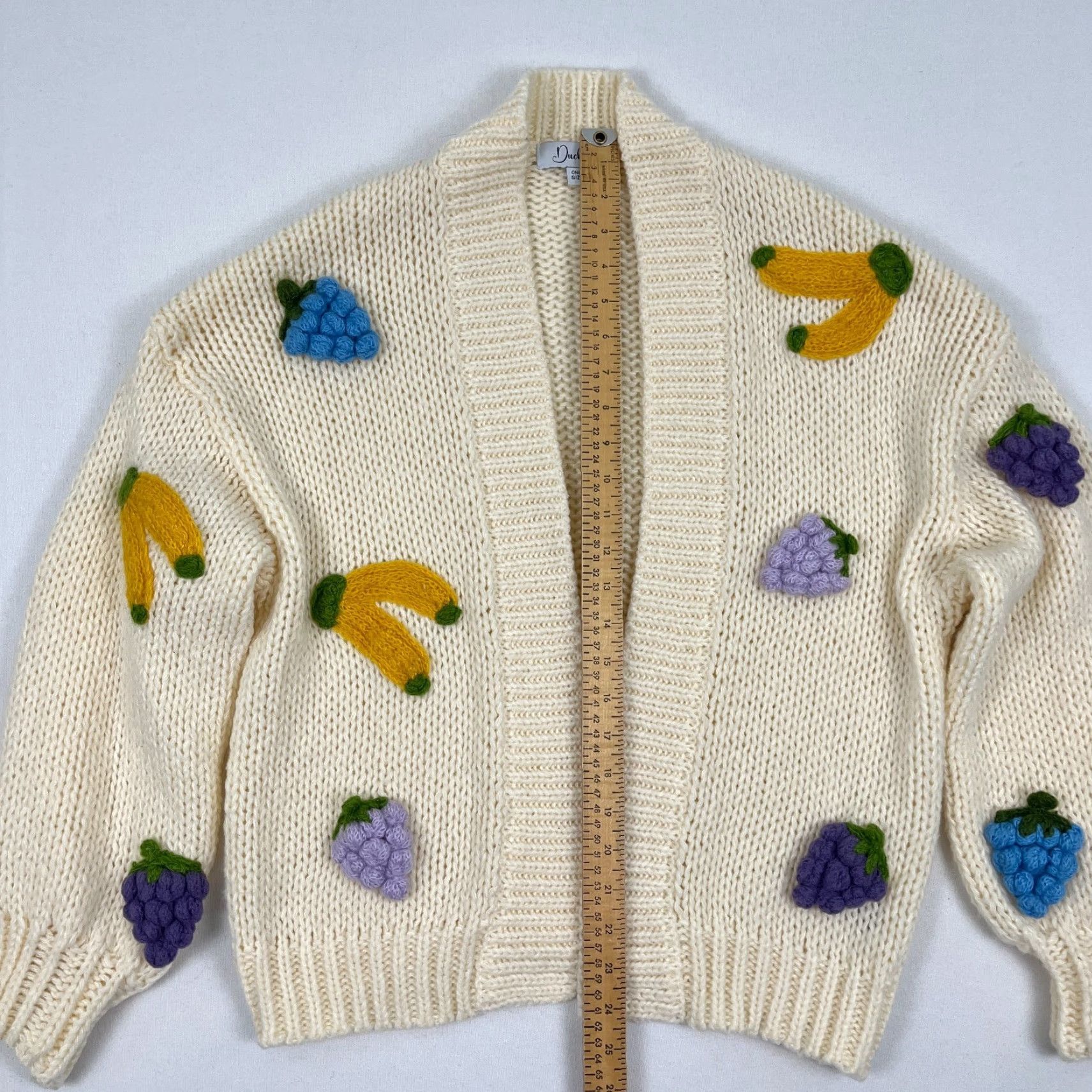 Anthropologie VINTAGE Anthropologie x Duchamp Cardigan Sweater Womens OS 3D Chunky Fruit Cream Novelty Size ONE SIZE - 4 Thumbnail