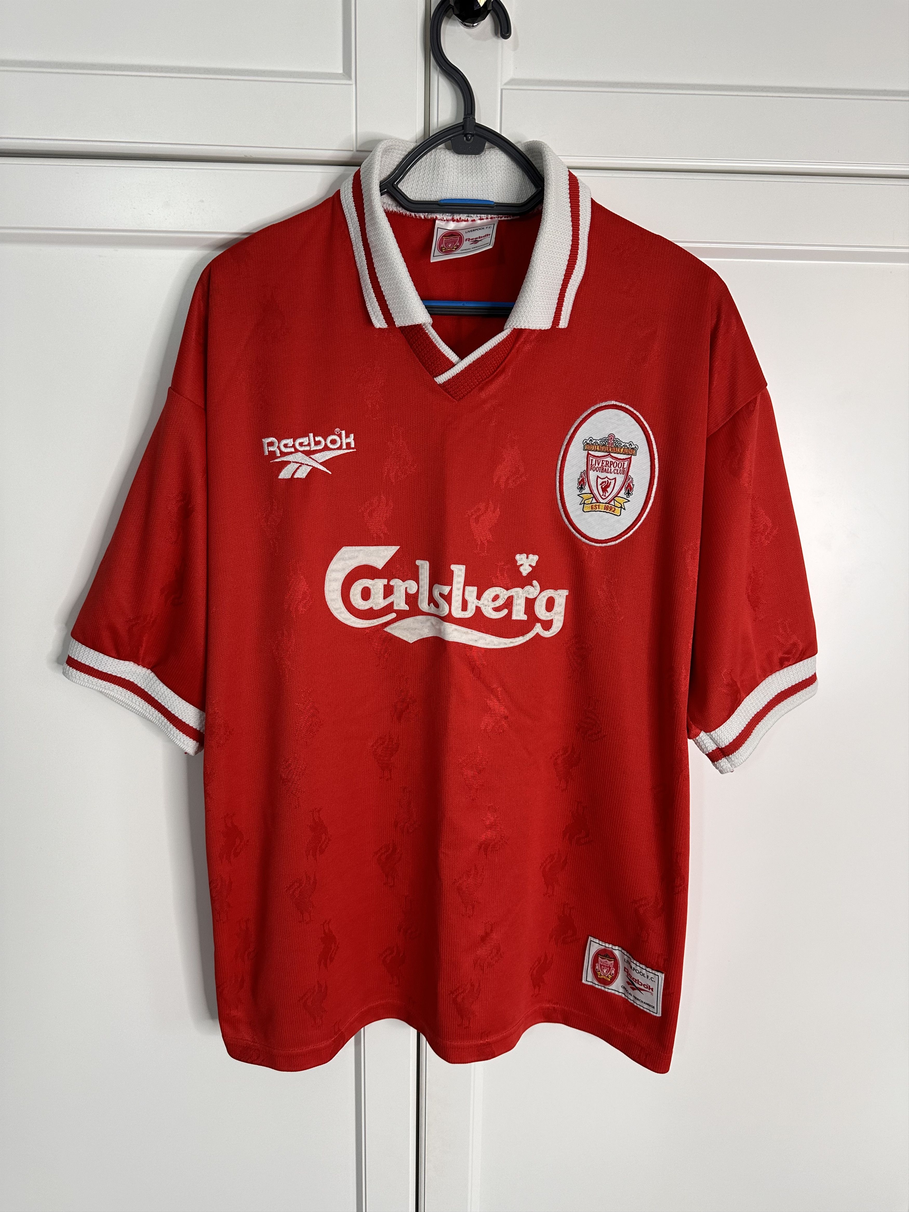 Image of 1996/1997 Fc Liverpool Reebok Vintage Soccer Jersey T-Shirt in Red, Men's (Size XL)