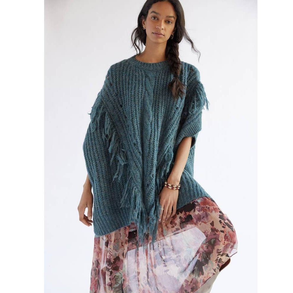 New Marled Fringe Cable Knit Poncho $120 ONESIZE Turquoise