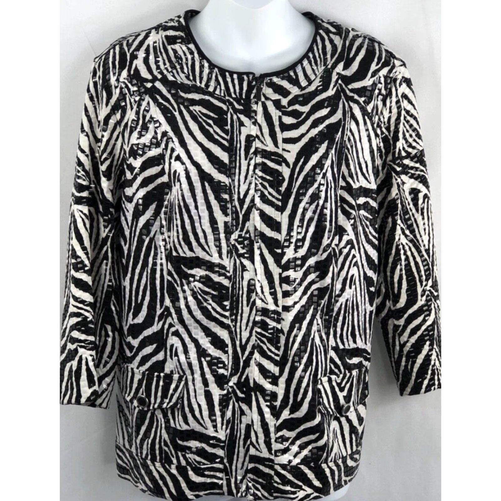 Element Elementz Jacket XL Blk/wht Zebra Sparkle Zip Up 3/4 Sleeve Button Mock Pockets Size XL / US 12-14 / IT 48-50 - 5 Thumbnail