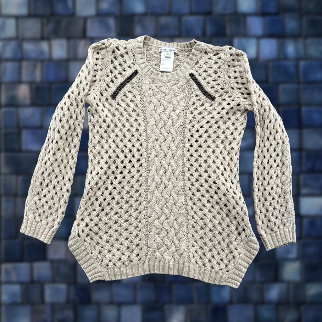 Vintage Tribal Jeans Womens Beige Open-Knit Embellished Long Sleeve Pullover Sweater Size L Size L / US 10 / IT 46 - 1 Thumbnail