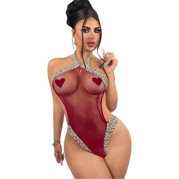 Other Women Burgundy Halter High Stretch Leopard Neck Bodysuit Size ONE SIZE - 1 Thumbnail
