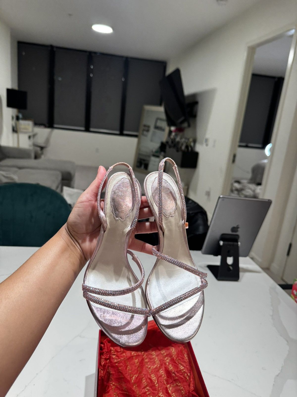 Rene Caovilla Renee Caovila Pink Satin Lamb Crystal Strappy Heels Size US 7 / IT 37 - 4 Thumbnail