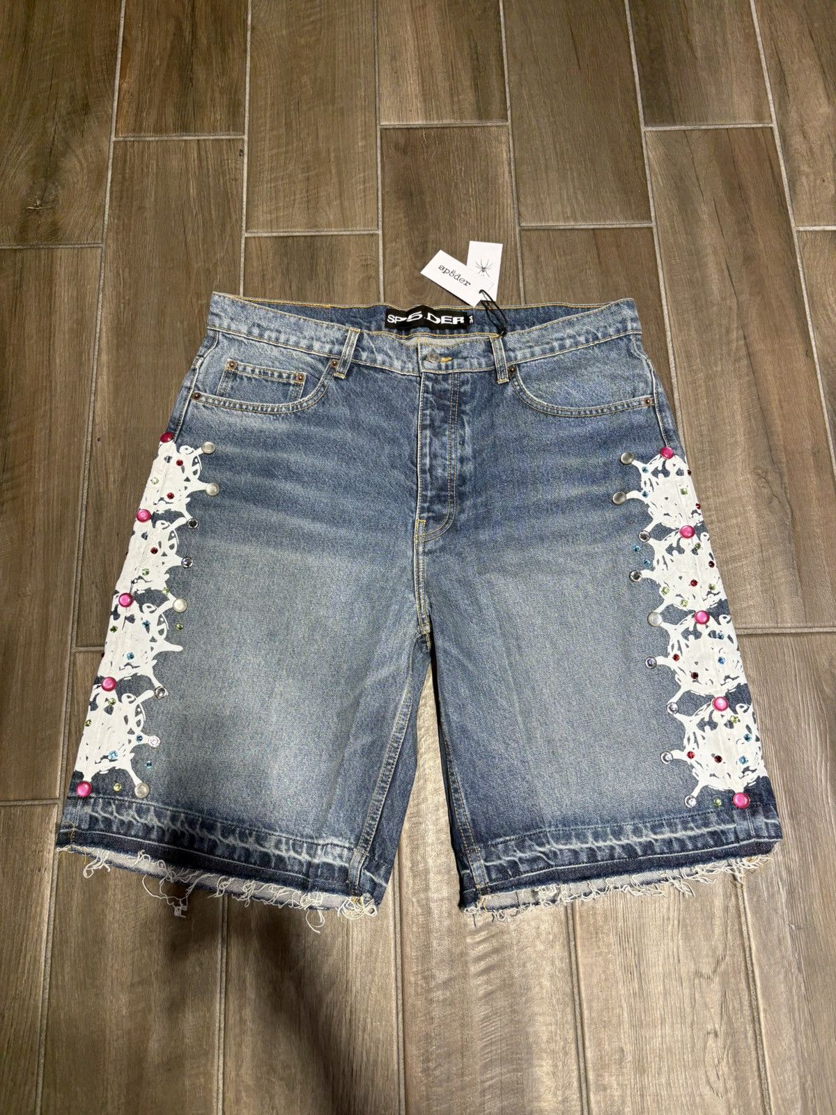 Sp5der Light Blue Wash Web Stone Denim Shorts