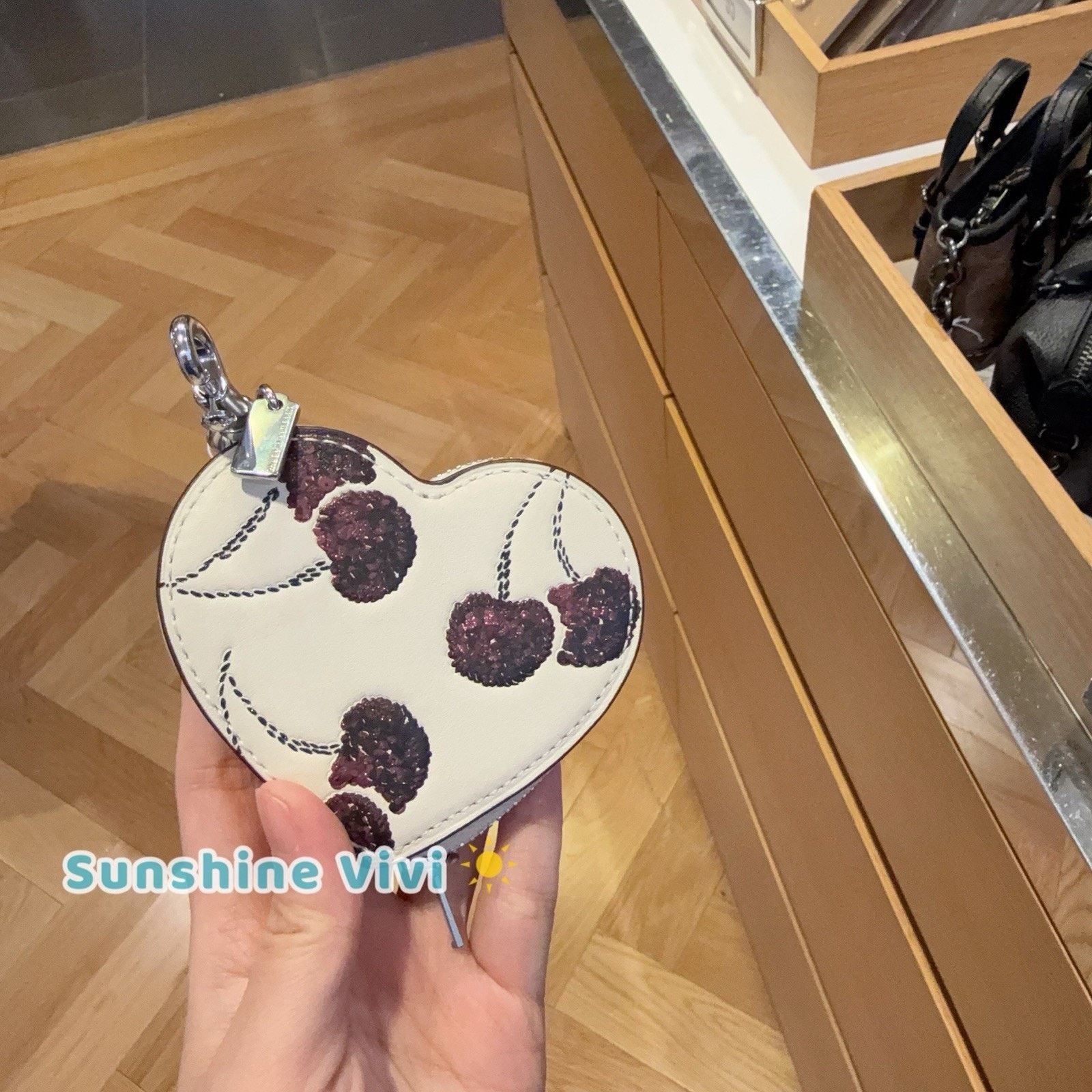 Coach NWT Coach Heart Bag Charm Cherry Print CDB55 Chalk Silver Size ONE SIZE - 8 Thumbnail