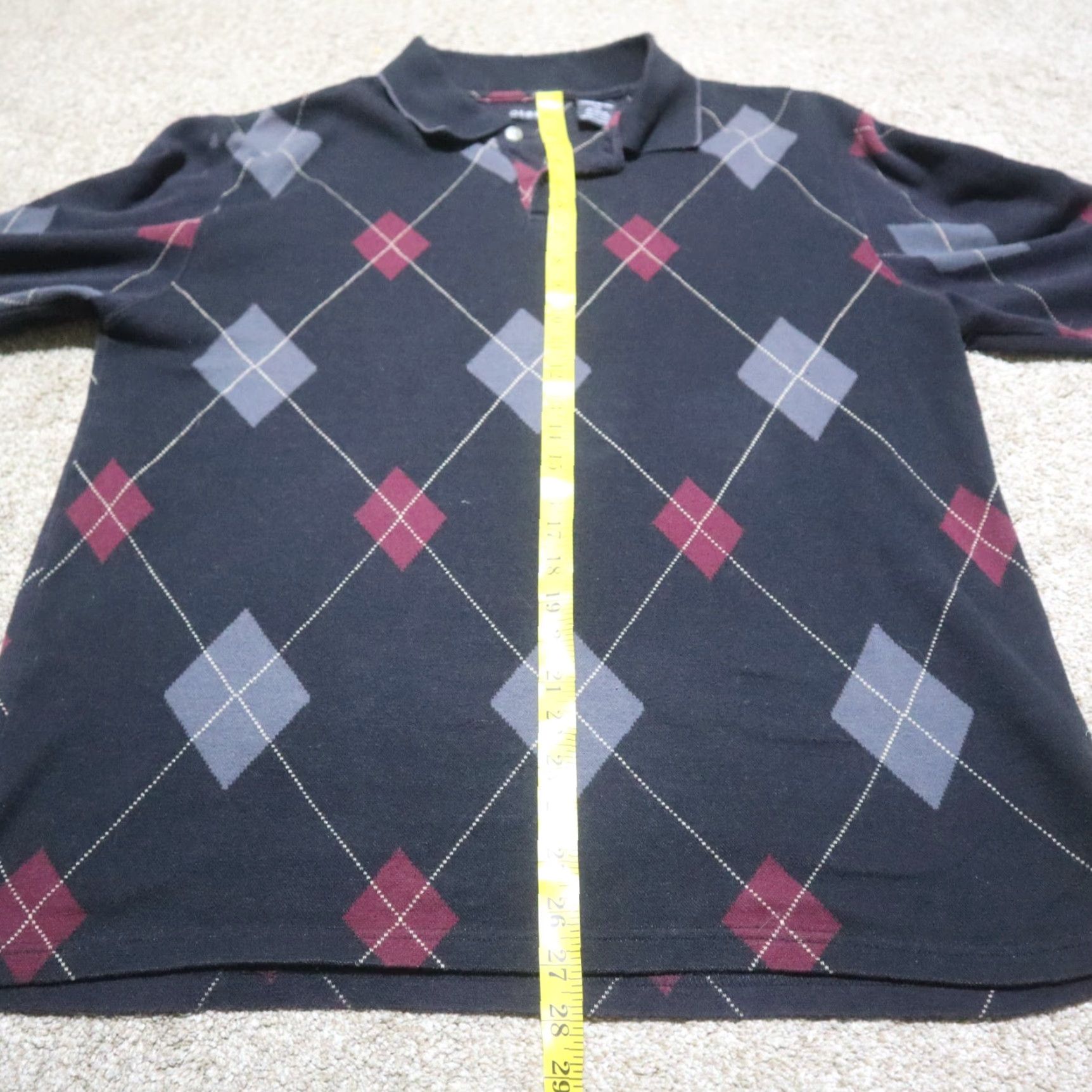 George George Polo Sweater Mens L Black Cotton Knit Long Sleeve V-Neck Pullover Argyle Striped Classic American Style Size US L / EU 52-54 / 3 - 6 Thumbnail