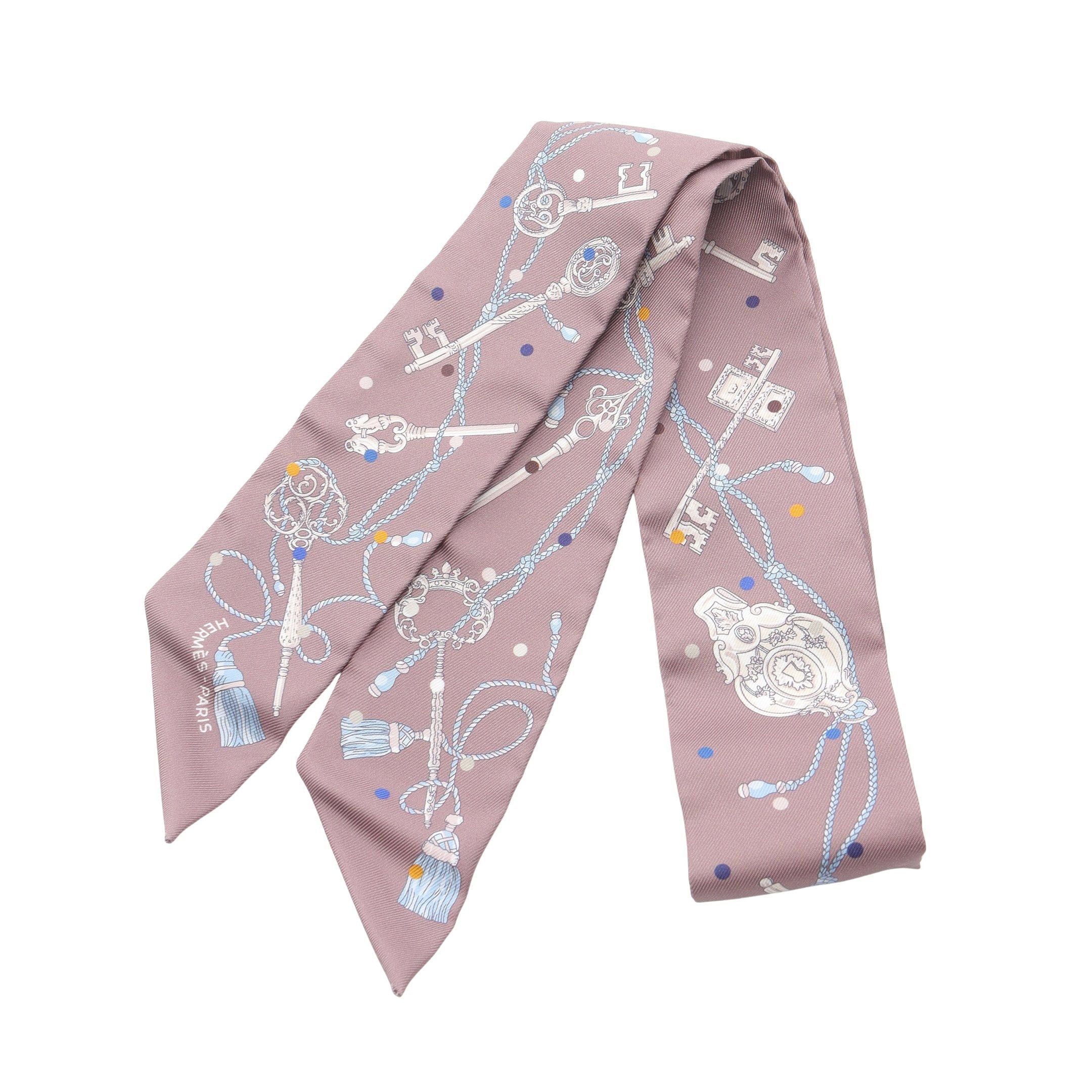 Hermes Hermes Twilly Les Cles A Pois Ribbon Scarf Silk Gray Brown Multicolor Size ONE SIZE - 1 Thumbnail