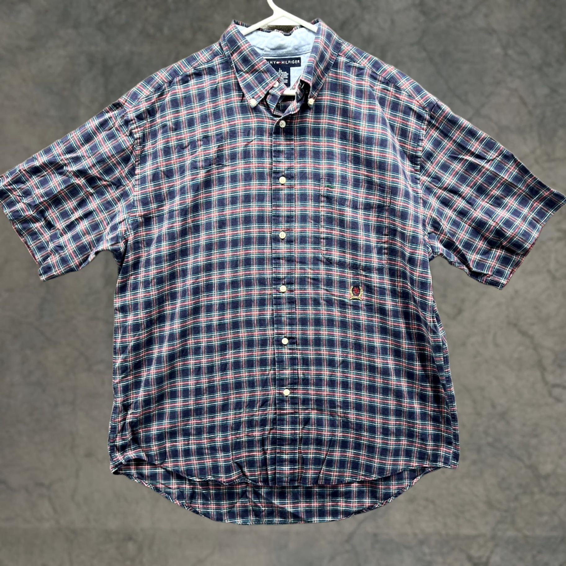 Tommy Hilfiger VINTAGE Tommy Hilfiger Shirt Mens Large Blue Button-Down Plaid Short Sleeve Preppy Pattern: Plaid Size US L / EU 52-54 / 3 - 1 Thumbnail